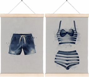Navy Blue Swimsuits Summer Coastal Beach Wall Art Set of 2, Summer Coastal Granddaughter Room Decor, Blue and White Lake House Beach House Canvas Wall Art Poster Hanger Frame, 12x16 Inch