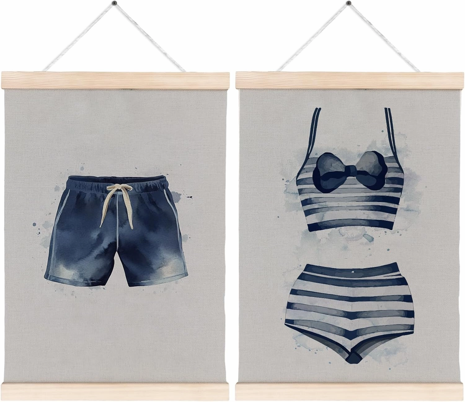 Navy Blue Swimsuits Summer Coastal Beach Wall Art Set of 2, Summer Coastal Granddaughter Room Decor, Blue and White Lake House Beach House Canvas Wall Art Poster Hanger Frame, 12x16 Inch