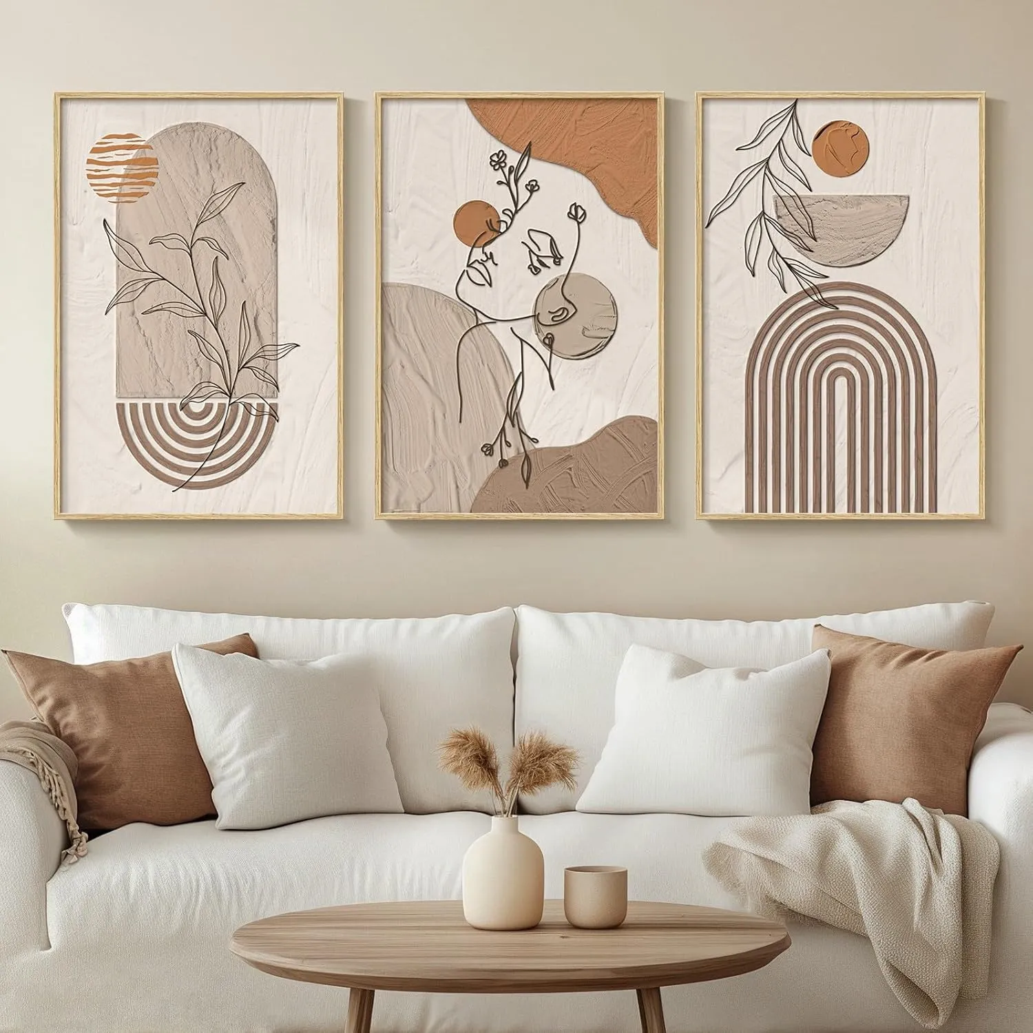 Neutral Framed Large Boho Canvas Wall Art, 3 Piece Bohemian Earth Tone Prints Paintings Artwork for Walls, Elegant Abstract Woman Face Pictures for Living Room, Bedroom, Office Wall Decor -16x24 Inch
