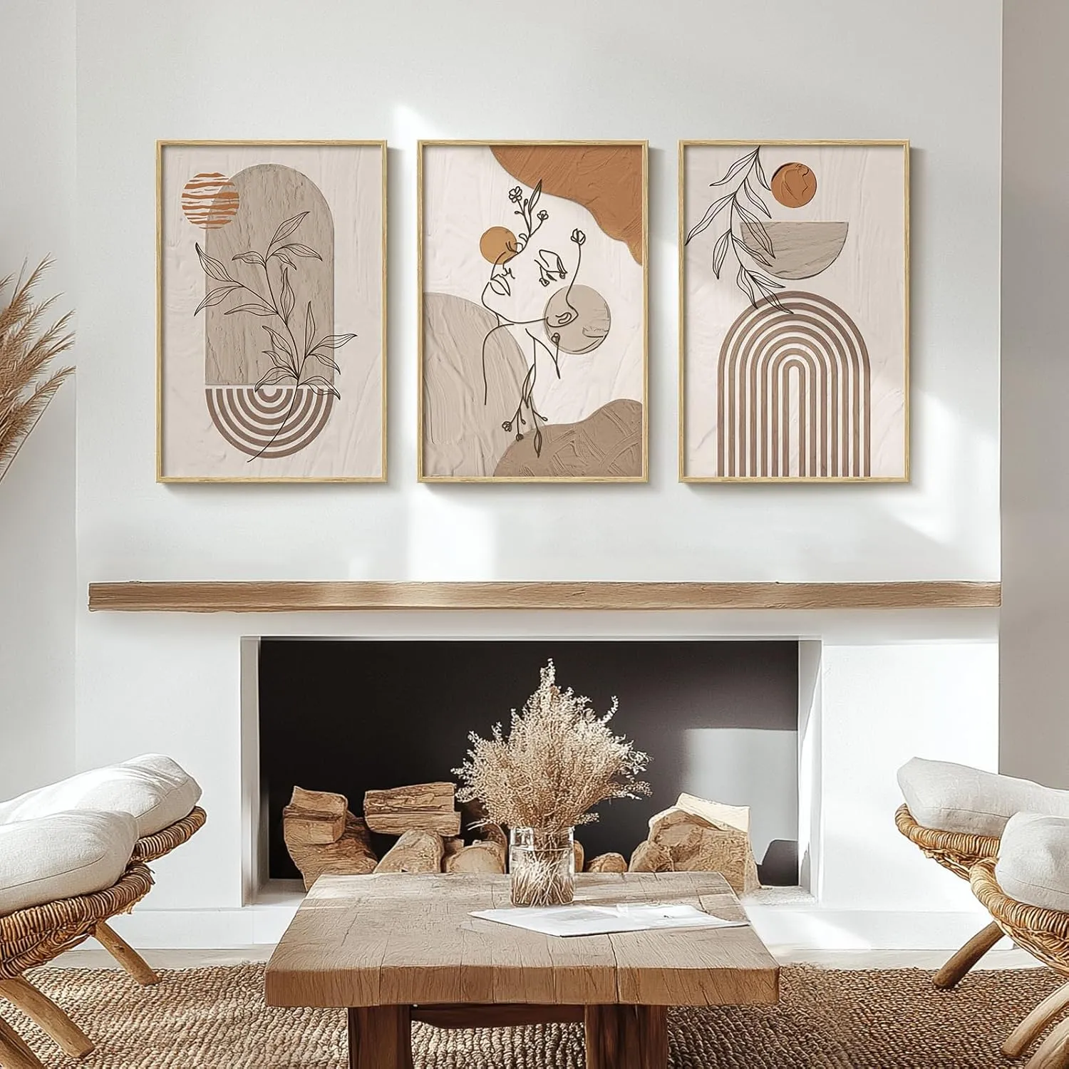 Neutral Framed Large Boho Canvas Wall Art, 3 Piece Bohemian Earth Tone Prints Paintings Artwork for Walls, Elegant Abstract Woman Face Pictures for Living Room, Bedroom, Office Wall Decor -16x24 Inch