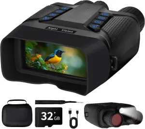 Night Version Goggles, 850nm Infrared Light 3" HD Screen 4K Digital Night Vision Binoculars with 5000mAh Rechargeable Battery, Flashlight, 32GB Memory Card for Photos and Videos.