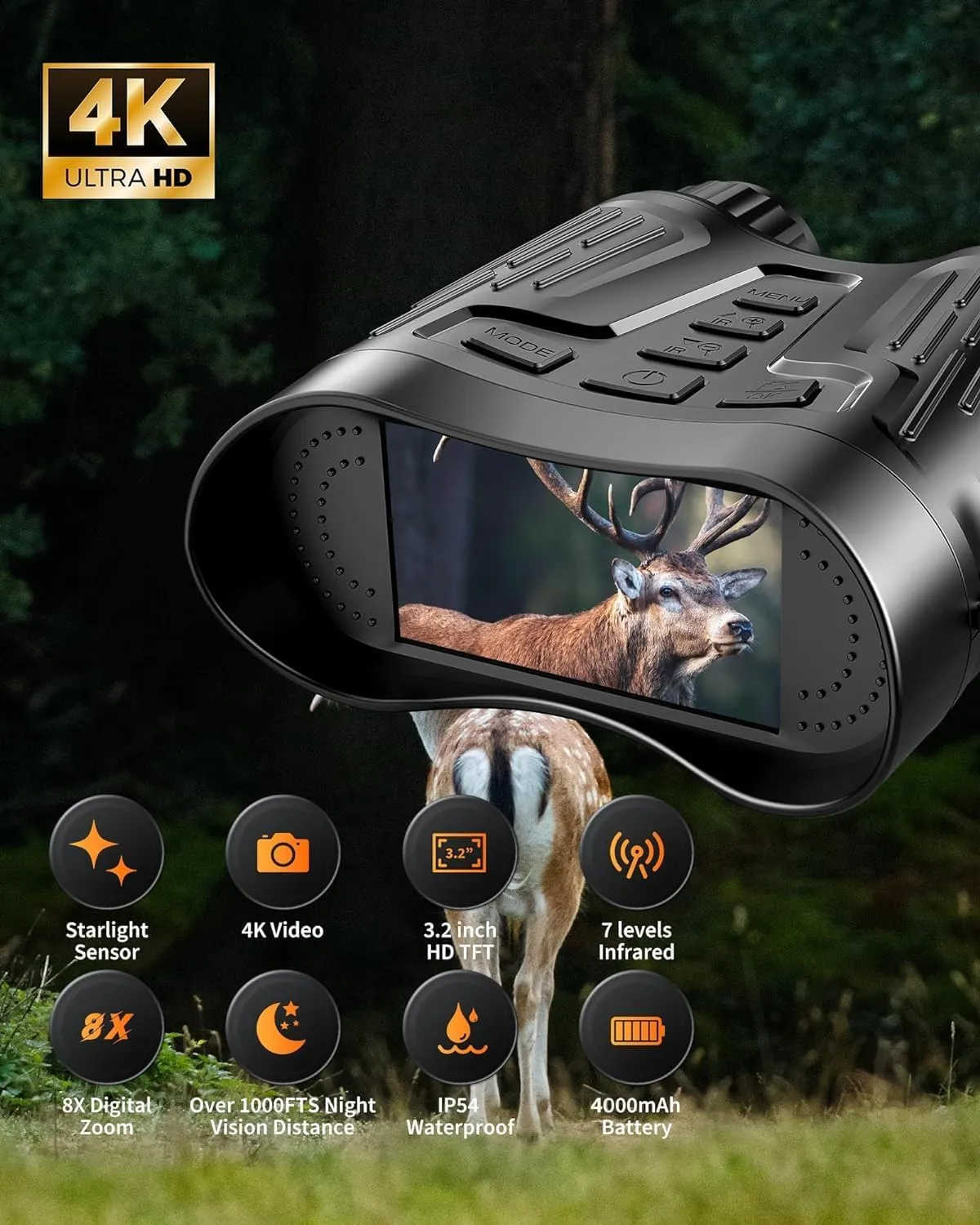 Night Vision Goggles - 4000mAH Rechargeable Battery 3.2, 1315FT 4K Infrared Binoculars, 8X Digital Zoom, Screen with 32GB TF Card
