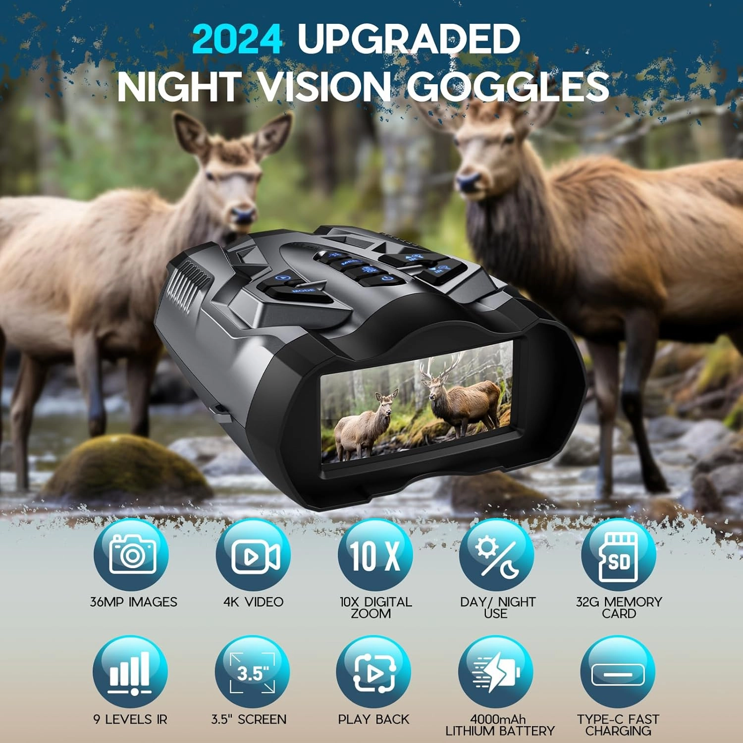 Night Vision Goggles,4K Night Vision Binoculars for Adults,3.5 Inch Screen,9 Levels IR Mode and 10X Digital Zoom for Outdoor Enthusiasts and Animal Watchers,32GB TF Card for Photos and Videos