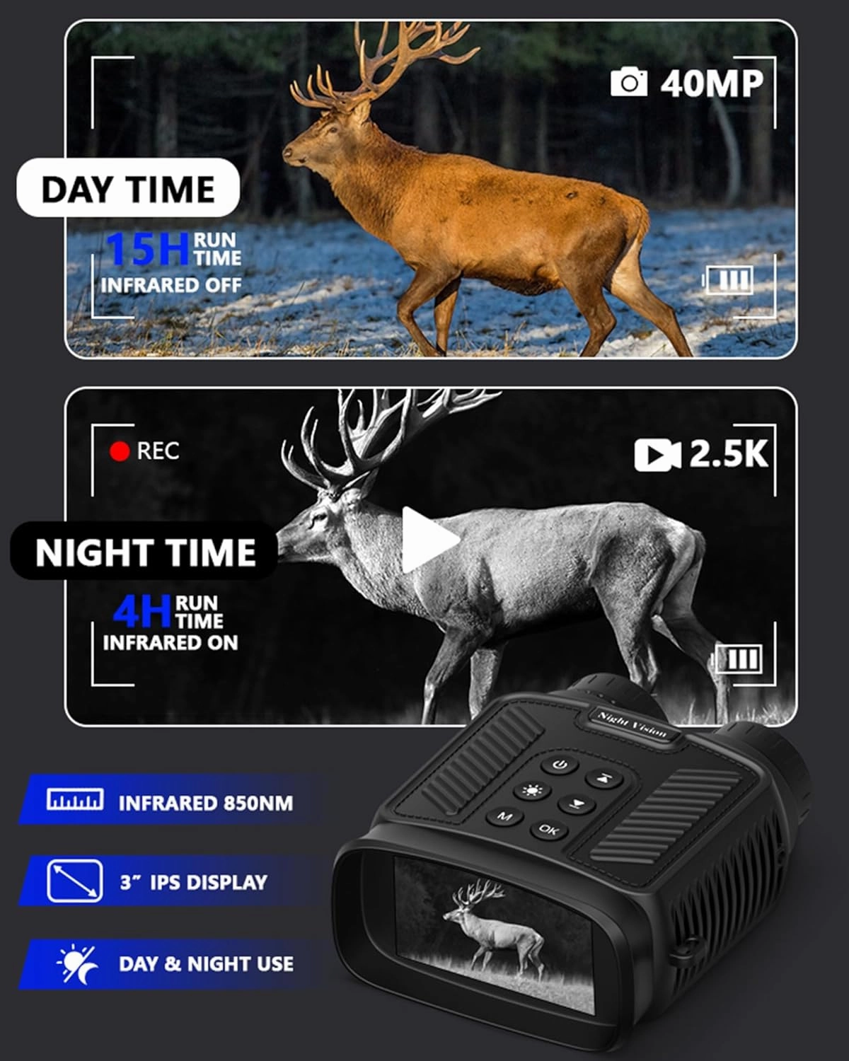 Night Vision Goggles for Adults, 4K Night Vision Binoculars 3" Screen Night Vision Goggles 8-Adjustable Levles for Camping,Green
