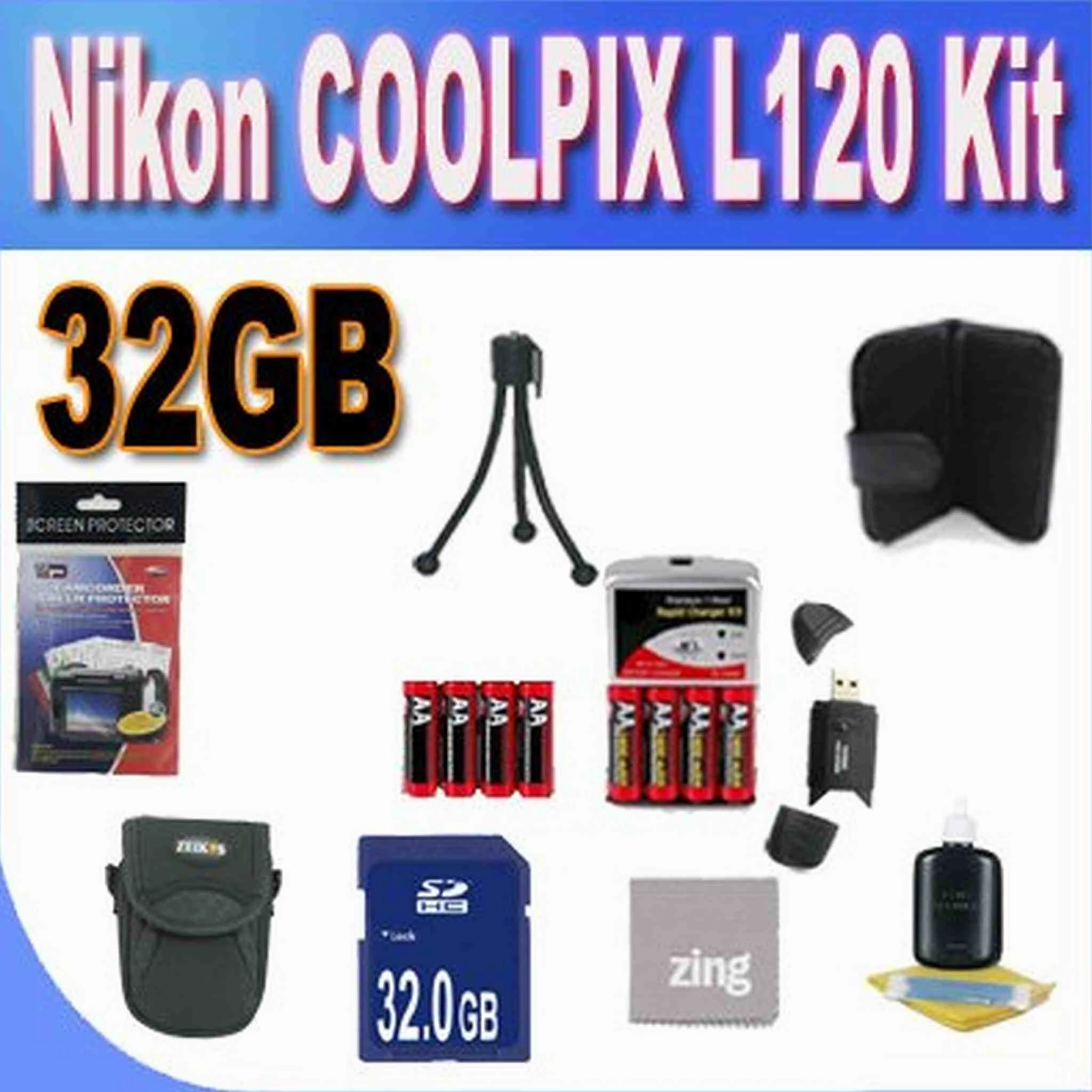 Nikon COOLPIX L120 32GB Accessory Saver Kit (32GB SDHC Memory Card  2 Sets of 4 NIMH Rechargeable AA Batteries  Rapid Battery Charger   Memory Card Wallet  Accessory Kit)