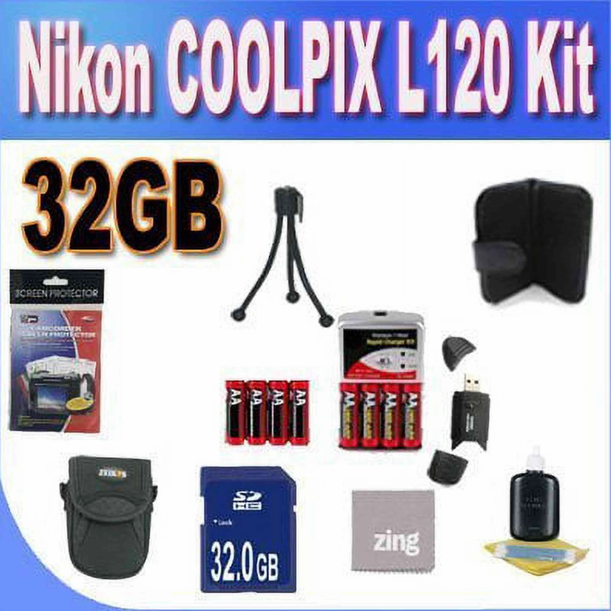 Nikon COOLPIX L120 32GB Accessory Saver Kit (32GB SDHC Memory Card  2 Sets of 4 NIMH Rechargeable AA Batteries  Rapid Battery Charger   Memory Card Wallet  Accessory Kit)