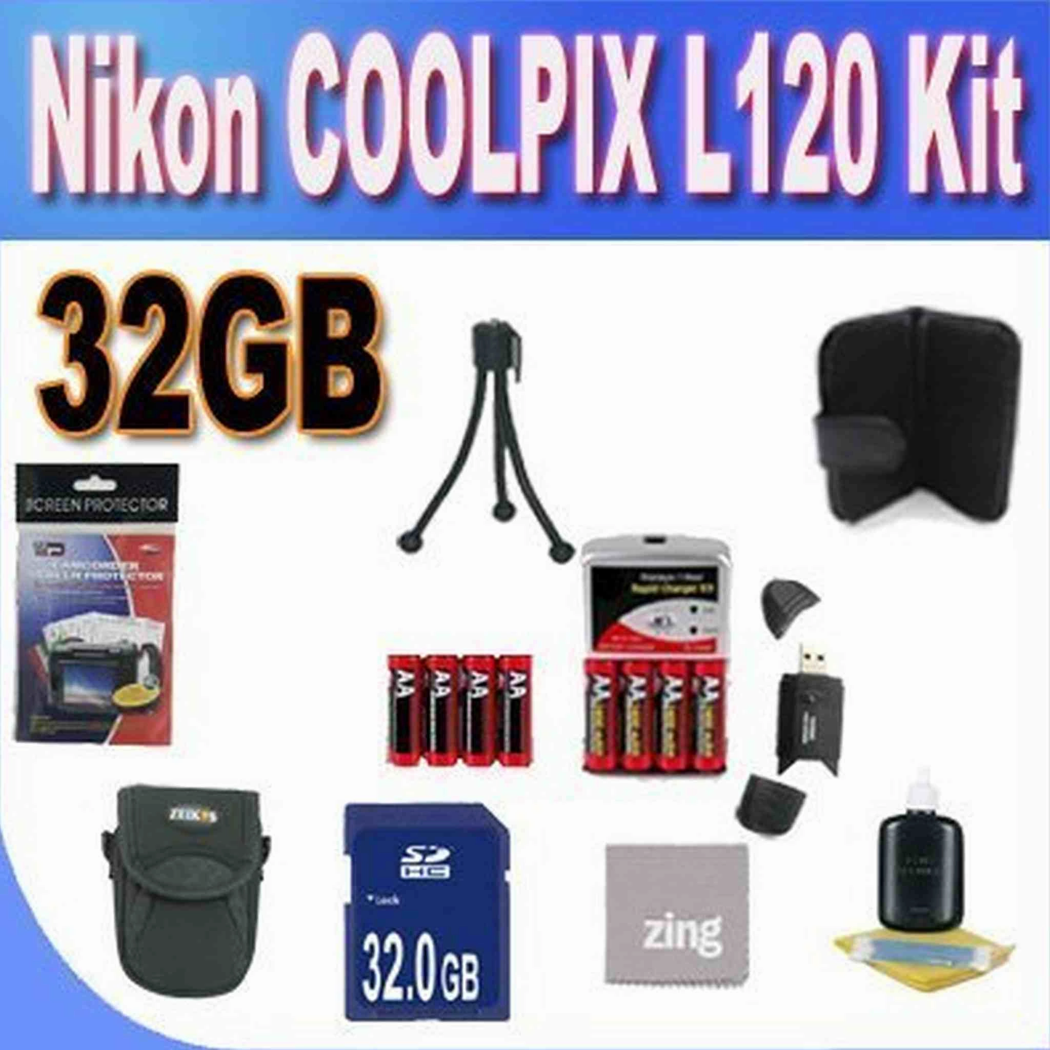 Nikon COOLPIX L120 32GB Accessory Saver Kit (32GB SDHC Memory Card  2 Sets of 4 NIMH Rechargeable AA Batteries  Rapid Battery Charger   Memory Card Wallet  Accessory Kit)
