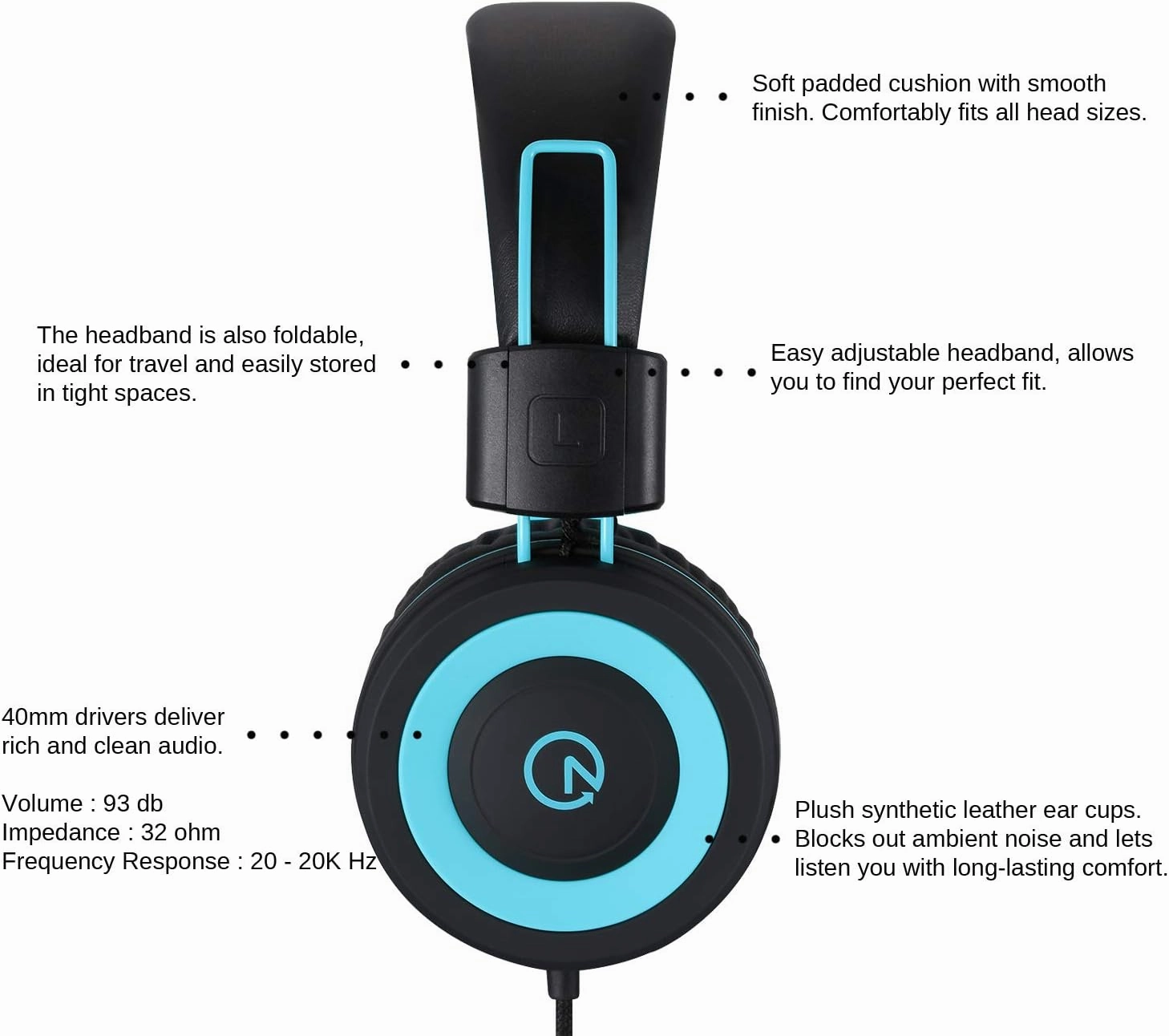 noot products Kids Headphones K11 Foldable Stereo Tangle-Free 5ft Long Cord 3.5mm Jack Plug in Wired On-Ear Headset for iPad/Amazon Kindle,Fire/Boys/Girls/School/Laptop/Travel/Plane/Tablet (Black)