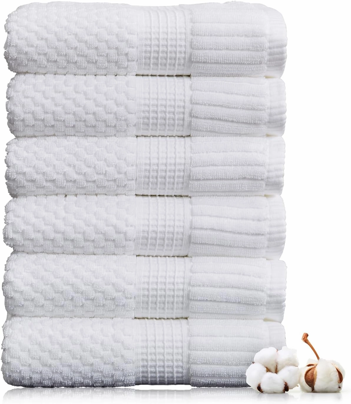 NY Loft 100% Cotton Hand Towel 6 Pack | Super Soft & Absorbent Quick-Dry Hand Towels 16" x 28" |Textured and Durable Cotton | Trinity Collection (6 Pack Hand Towel, Bright White)