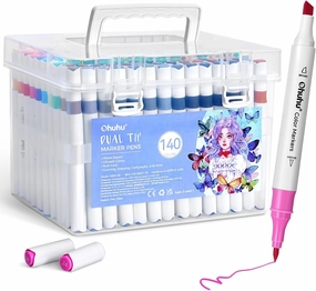 Ohuhu Markers for Adult Coloring Books No Bleeding 140 Colors Water-based Dual Tips Chisel & Brush Coloring Markers for Kids Adults Beginners Drawing Pens for Journaling Lettering
