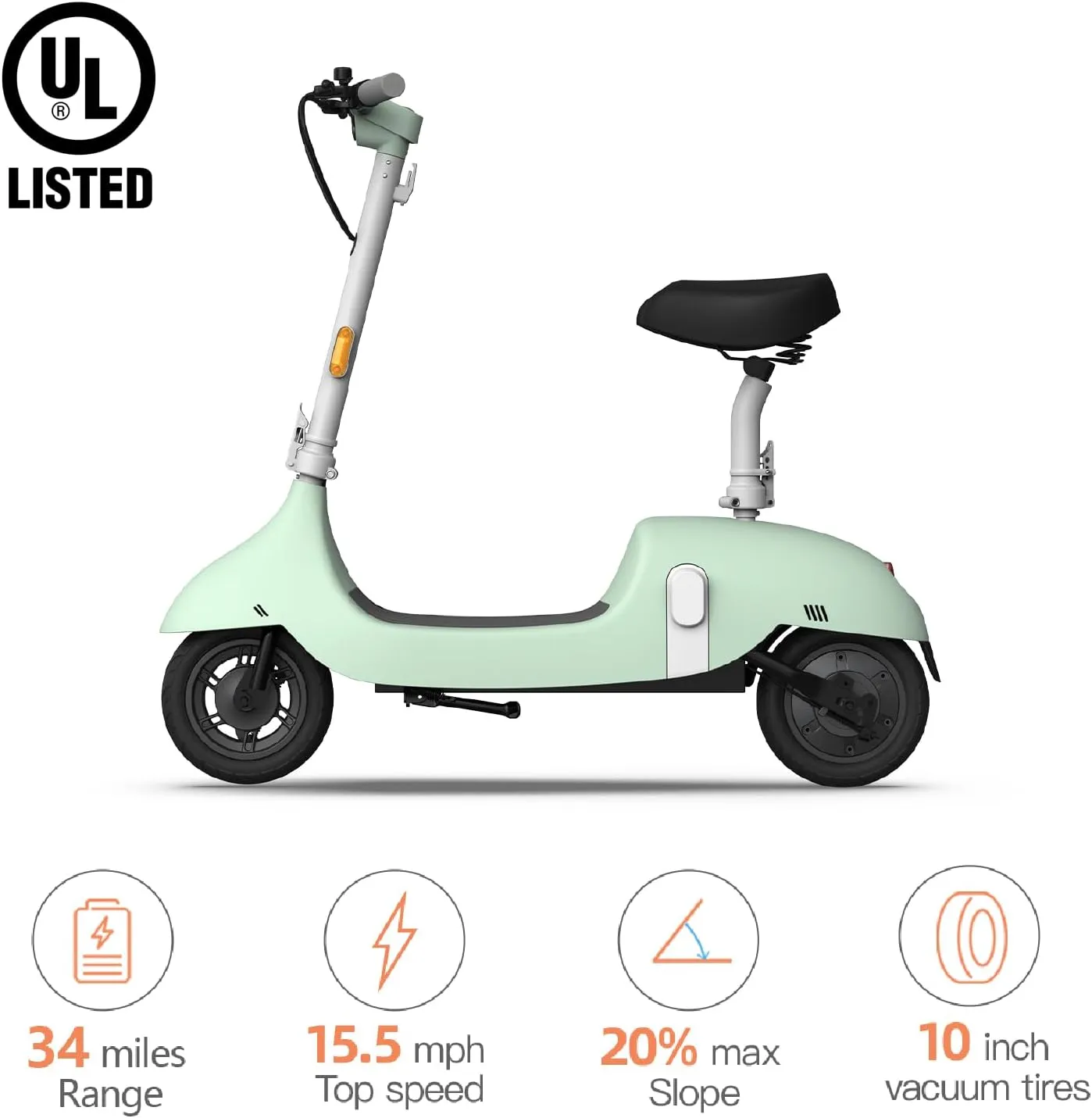 OKAI Ceetle Electric Scooter with Seat, Up to 35 Miles Range 15.5MPH, Stylish Moped Scooter for Adults,10 inch Vacuum Tires, UL 2272 Certified, EA10C Pro