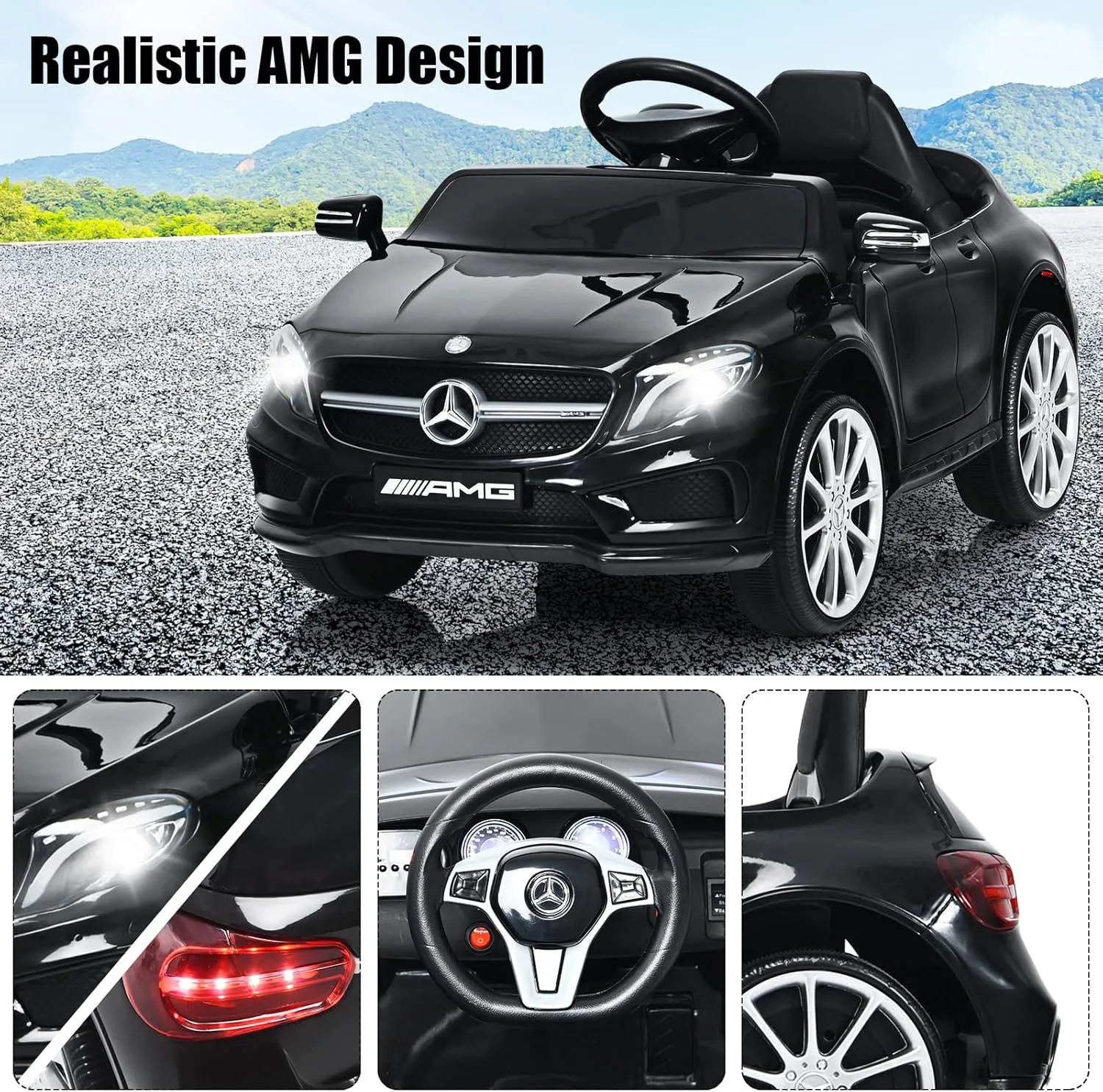 OLAKIDS Kids Ride On Car with Remote Control, 12V Licensed Mercedes Benz GLA45 Electric Vehicle for Toddlers, Battery Powered Toy with Music, USB, MP3, 2 Speeds, Wheels Suspension, LED Lights (Black)