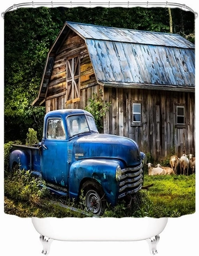 Old Truck Shower Curtain Rustic Barn Farm Animal Sheep Vintage Blue Car Tree, Farmhouse Country Scenery Fabric Bath CurtainBathroom Accessories with Hooks 70'Wx 78'H