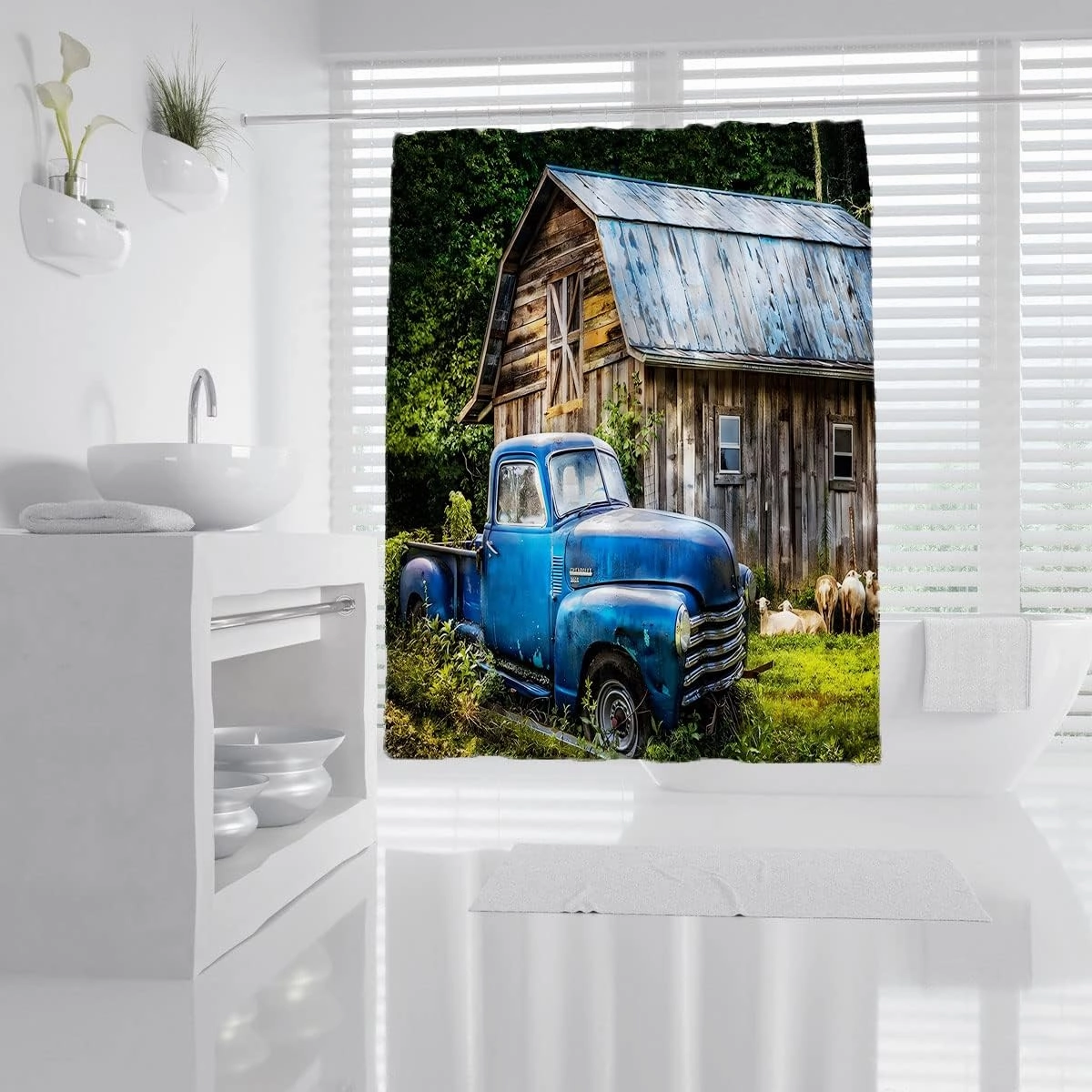 Old Truck Shower Curtain Rustic Barn Farm Animal Sheep Vintage Blue Car Tree, Farmhouse Country Scenery Fabric Bath CurtainBathroom Accessories with Hooks 70'Wx 78'H