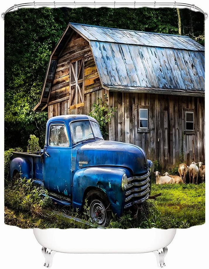 Old Truck Shower Curtain Rustic Barn Farm Animal Sheep Vintage Blue Car Tree, Farmhouse Country Scenery Fabric Bath CurtainBathroom Accessories with Hooks 70'Wx 78'H