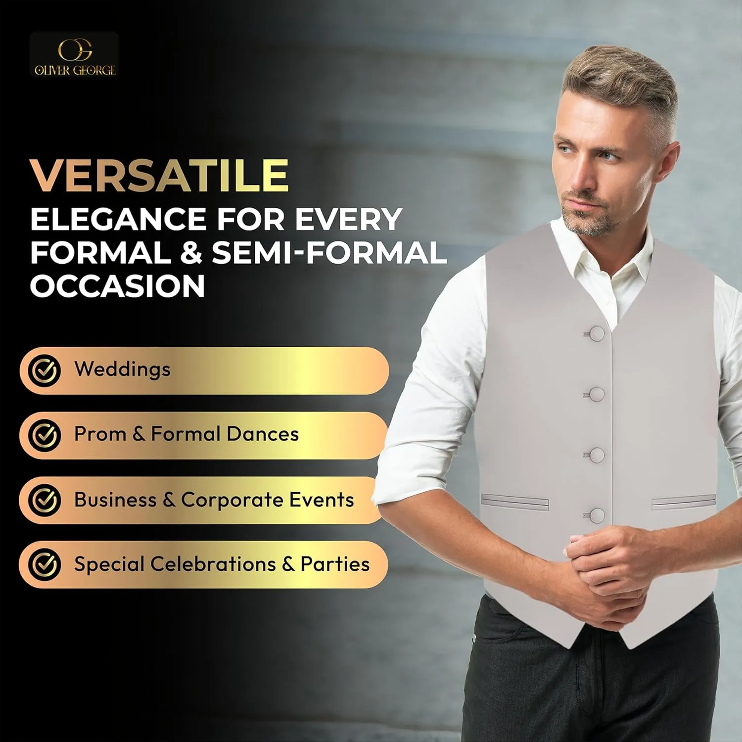 Oliver George 3pc Men's Solid Formal Waistcoat Tuxedo Dress Vest Necktie Handkerchief Set For Suit or Tuxedo