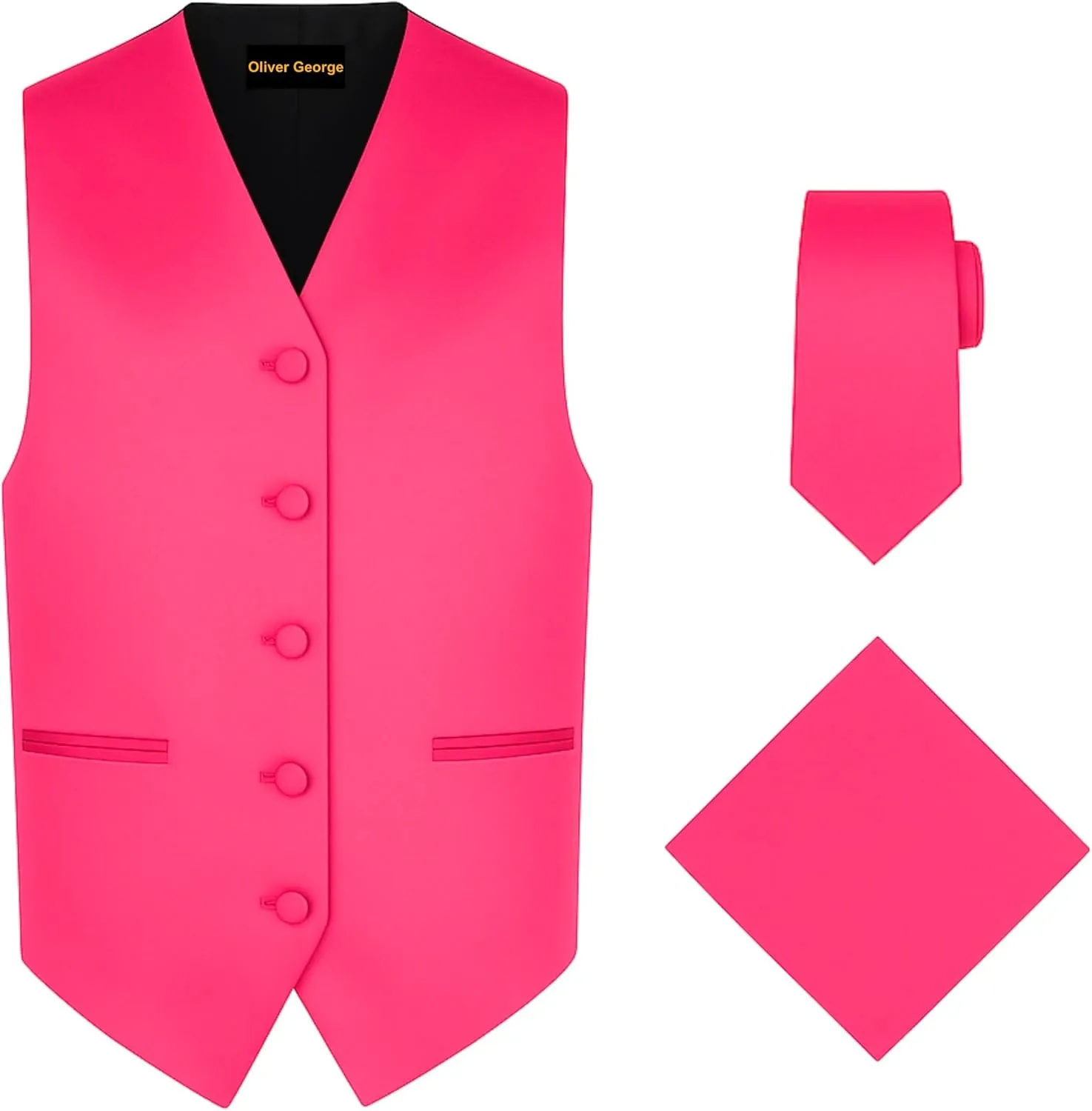 Oliver George 3pc Men's Solid Formal Waistcoat Tuxedo Dress Vest Necktie Handkerchief Set For Suit or Tuxedo