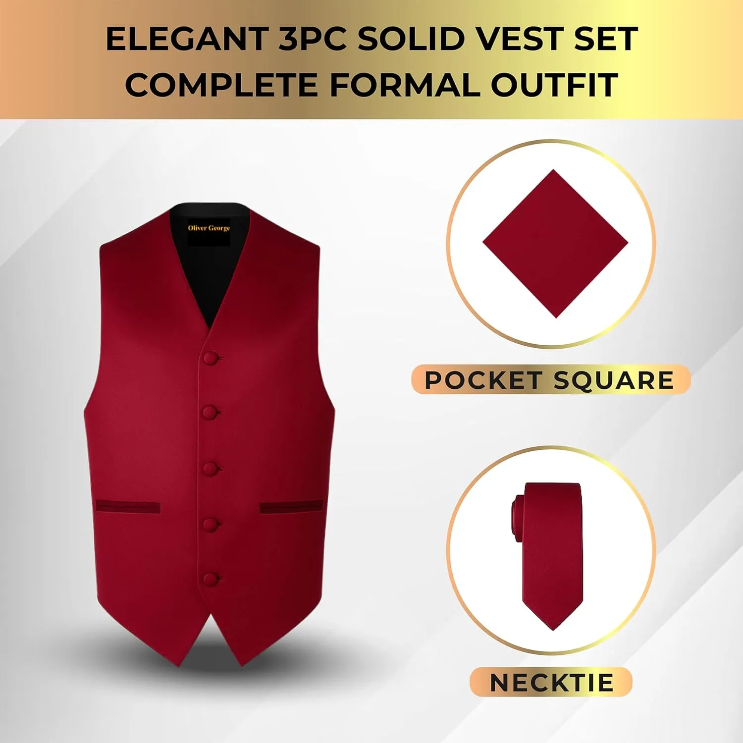 Oliver George 3pc Men's Solid Formal Waistcoat Tuxedo Dress Vest Necktie Handkerchief Set For Suit or Tuxedo