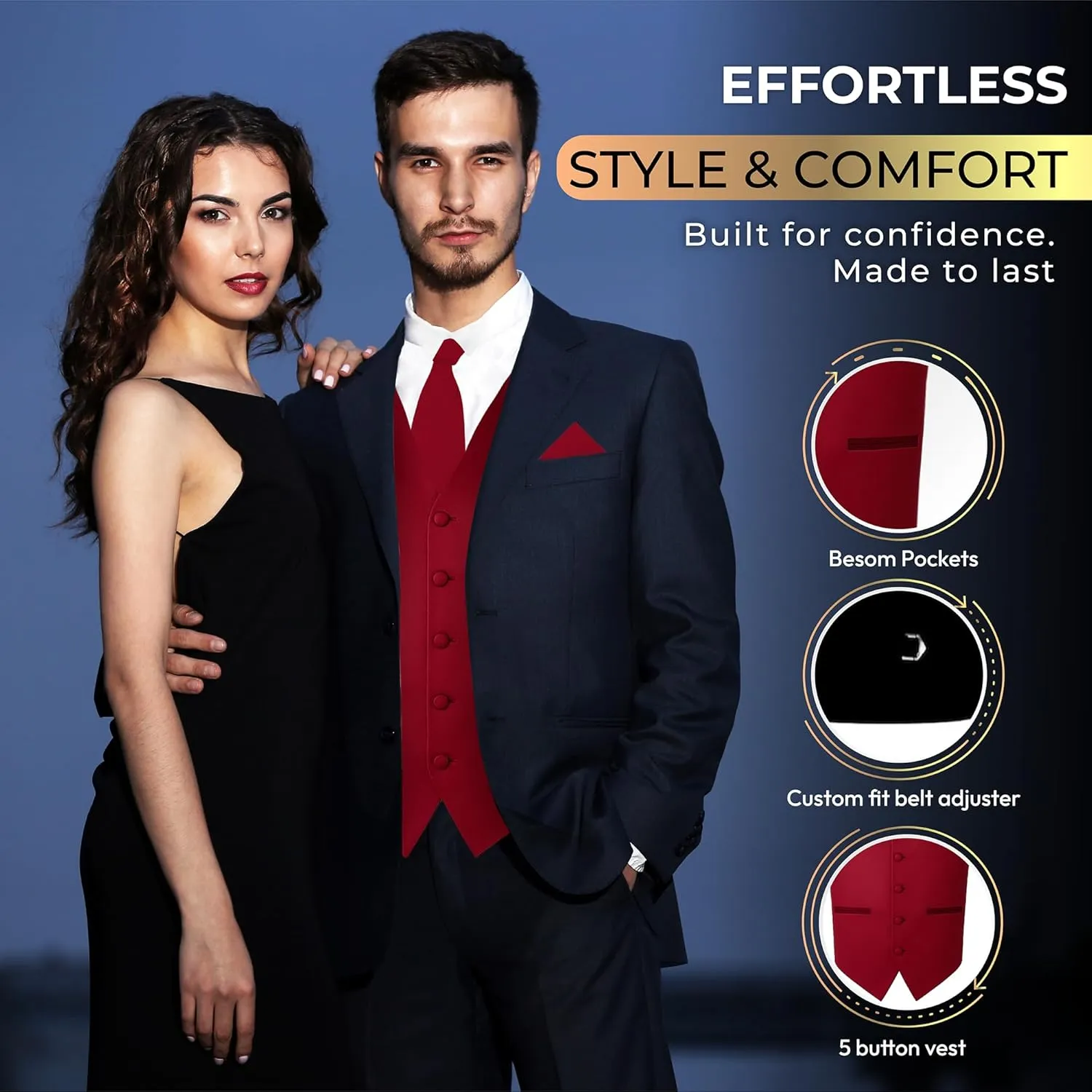 Oliver George 3pc Men's Solid Formal Waistcoat Tuxedo Dress Vest Necktie Handkerchief Set For Suit or Tuxedo