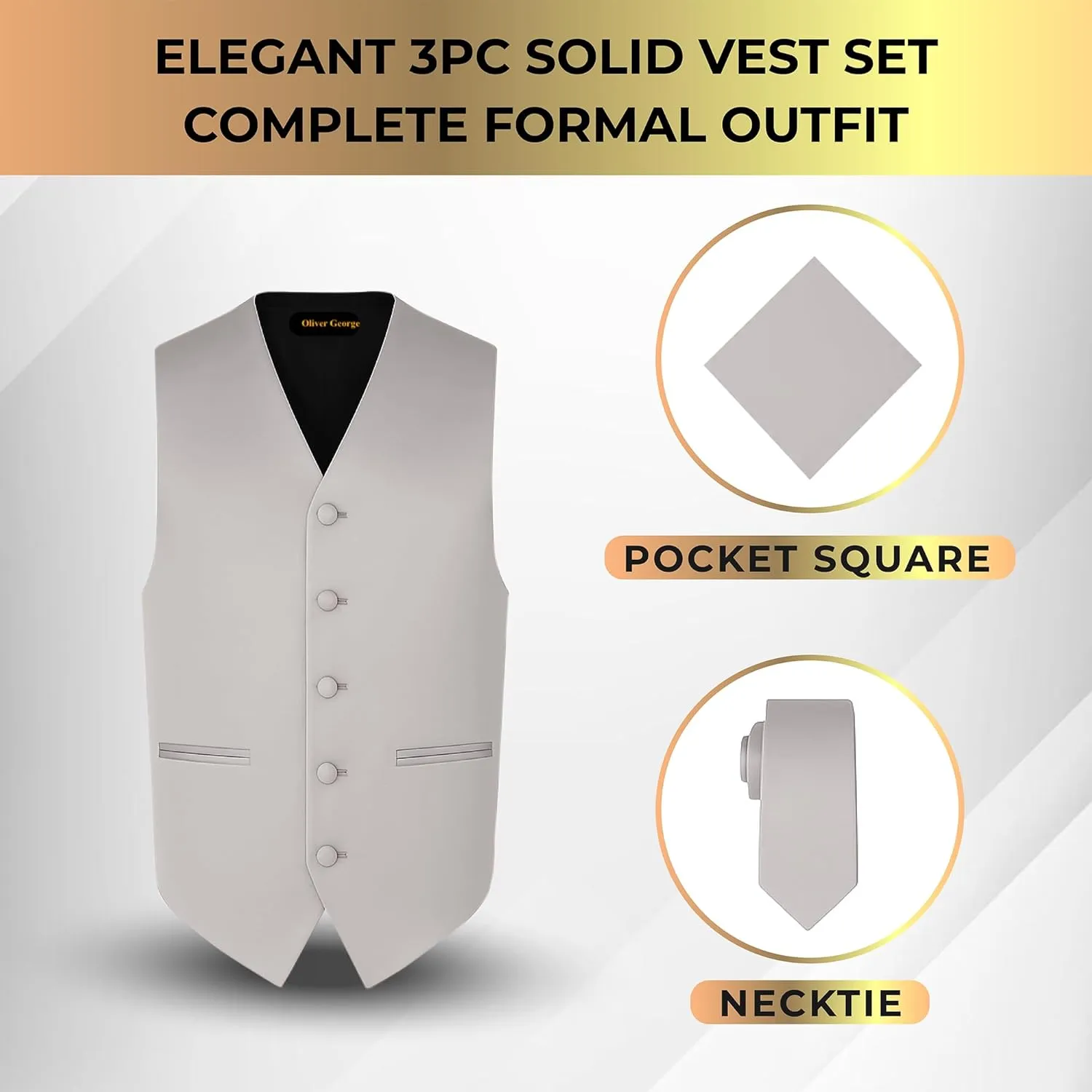 Oliver George 3pc Men's Solid Formal Waistcoat Tuxedo Dress Vest Necktie Handkerchief Set For Suit or Tuxedo