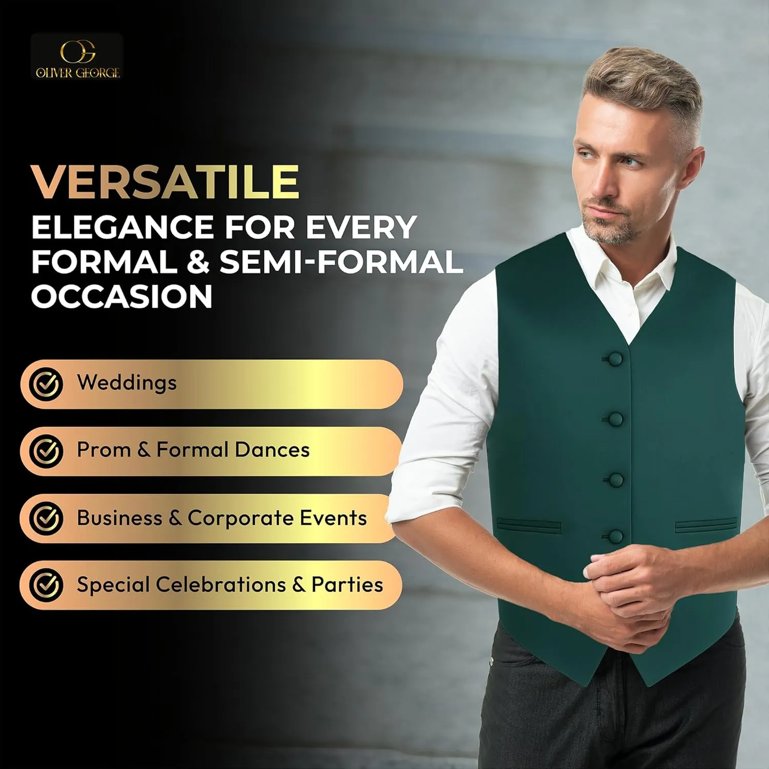 Oliver George 3pc Men's Solid Formal Waistcoat Tuxedo Dress Vest Necktie Handkerchief Set For Suit or Tuxedo