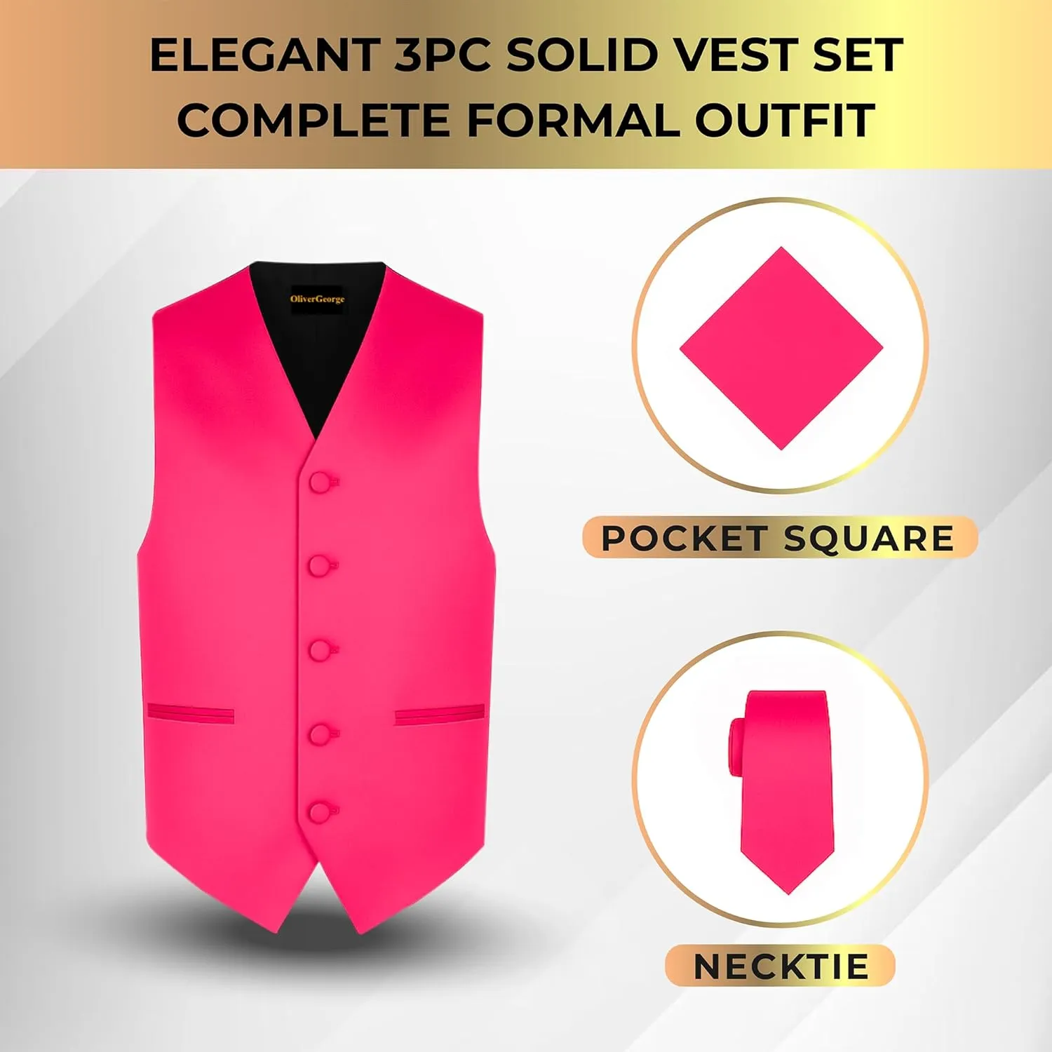 Oliver George 3pc Men's Solid Formal Waistcoat Tuxedo Dress Vest Necktie Handkerchief Set For Suit or Tuxedo