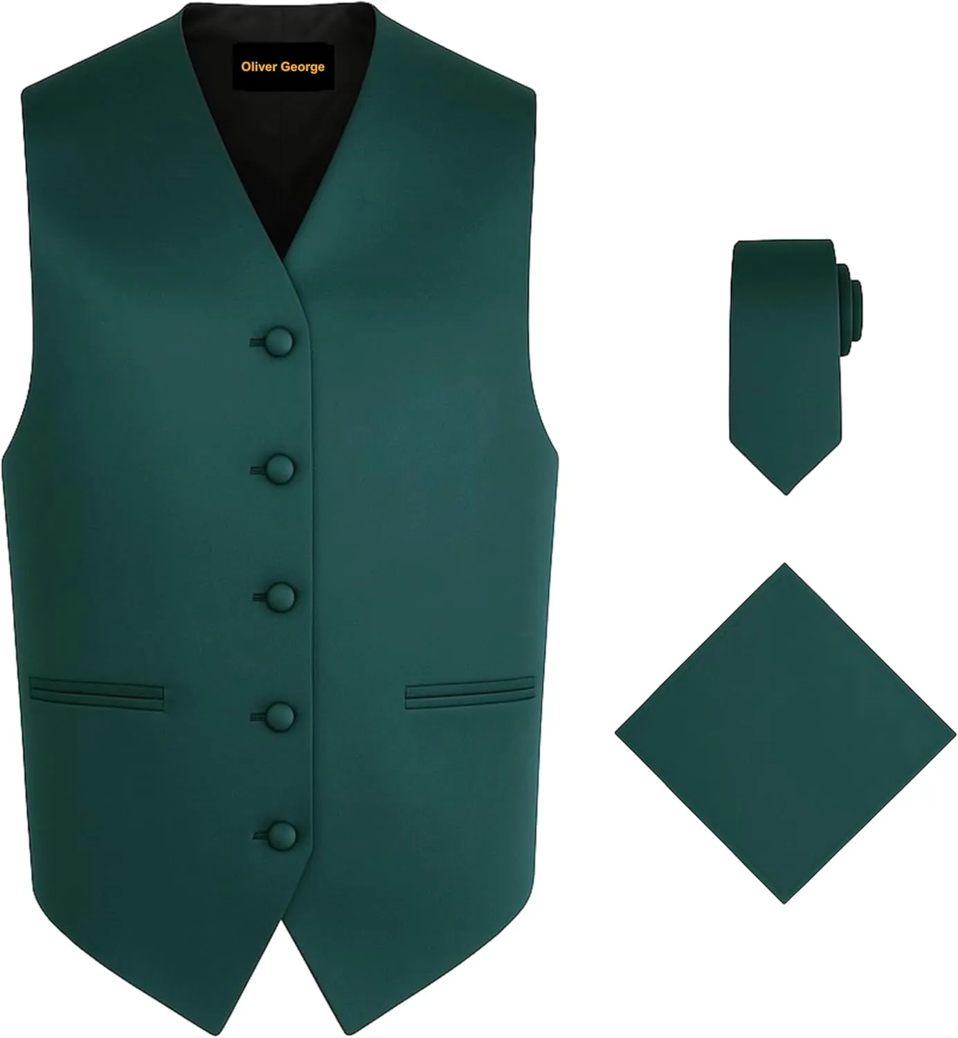 Oliver George 3pc Men's Solid Formal Waistcoat Tuxedo Dress Vest Necktie Handkerchief Set For Suit or Tuxedo