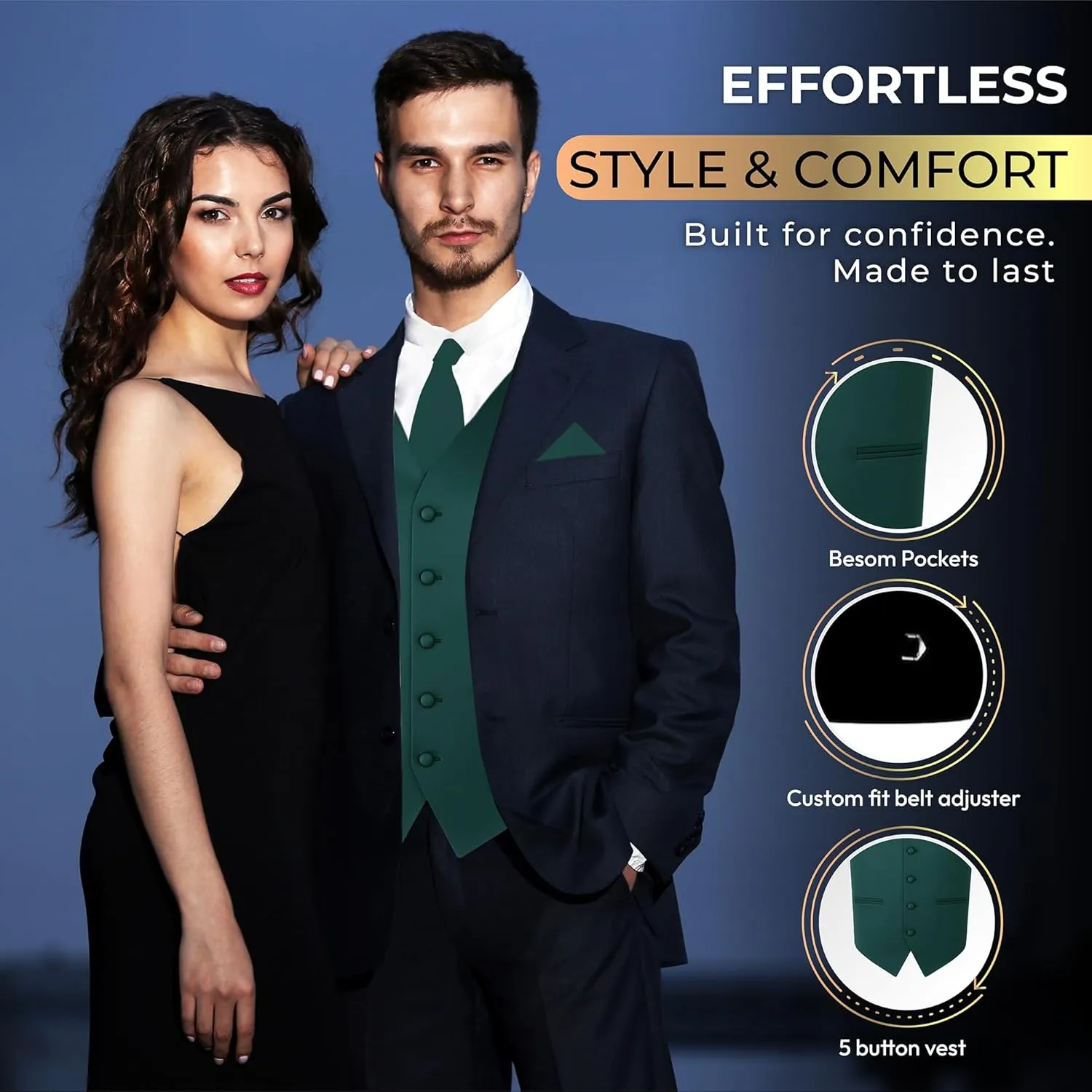 Oliver George 3pc Men's Solid Formal Waistcoat Tuxedo Dress Vest Necktie Handkerchief Set For Suit or Tuxedo