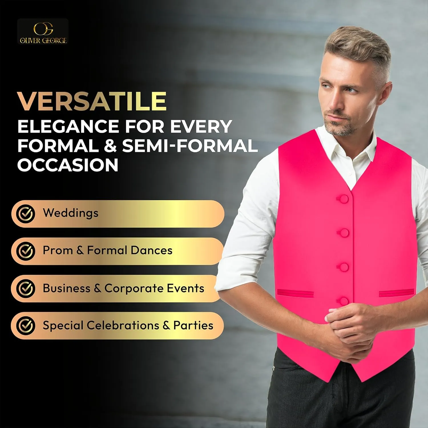 Oliver George 3pc Men's Solid Formal Waistcoat Tuxedo Dress Vest Necktie Handkerchief Set For Suit or Tuxedo