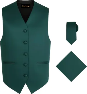 Oliver George 3pc Men's Solid Formal Waistcoat Tuxedo Dress Vest Necktie Handkerchief Set For Suit or Tuxedo