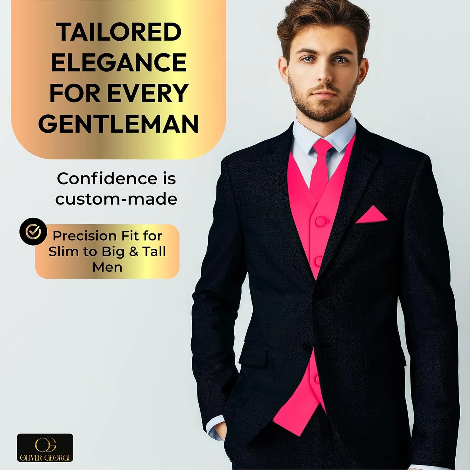 Oliver George 3pc Men's Solid Formal Waistcoat Tuxedo Dress Vest Necktie Handkerchief Set For Suit or Tuxedo