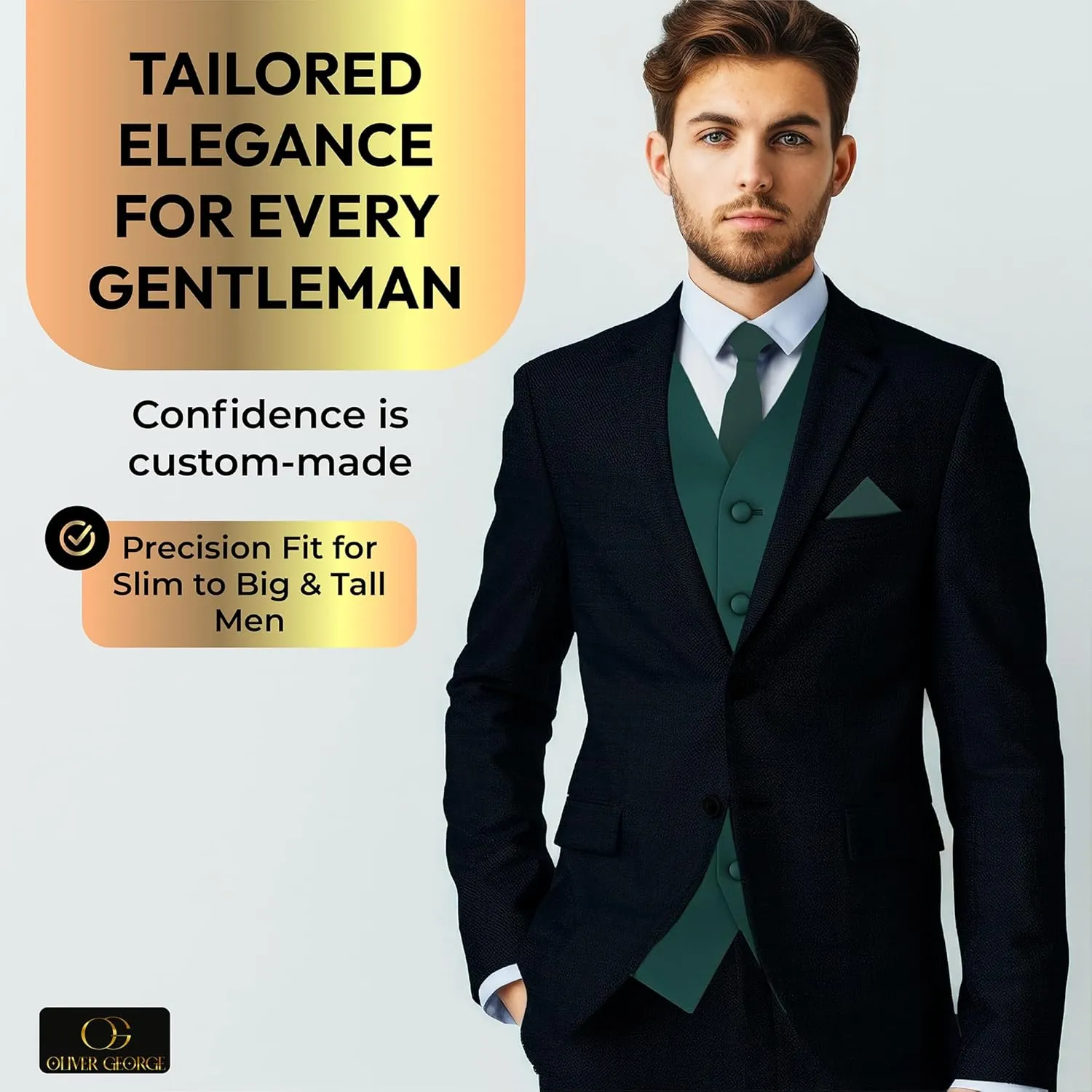 Oliver George 3pc Men's Solid Formal Waistcoat Tuxedo Dress Vest Necktie Handkerchief Set For Suit or Tuxedo