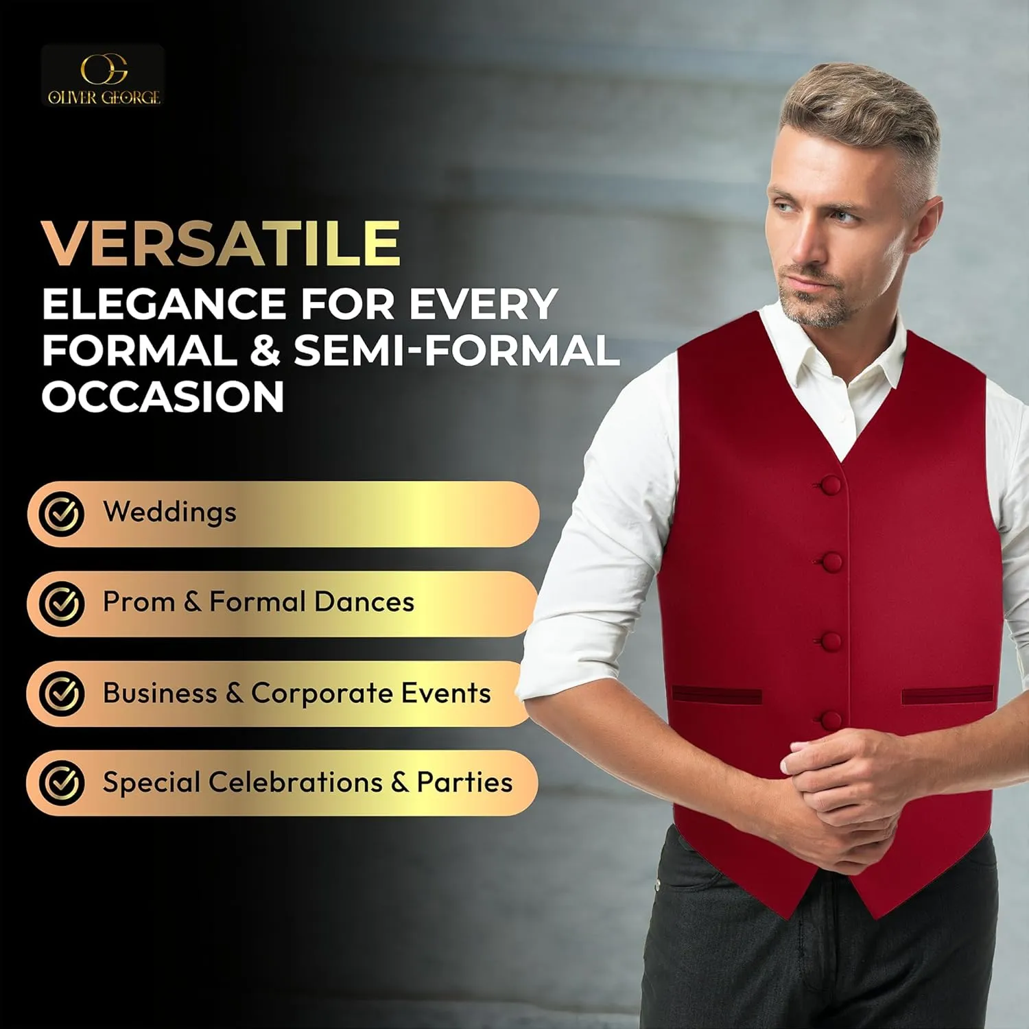 Oliver George 3pc Men's Solid Formal Waistcoat Tuxedo Dress Vest Necktie Handkerchief Set For Suit or Tuxedo