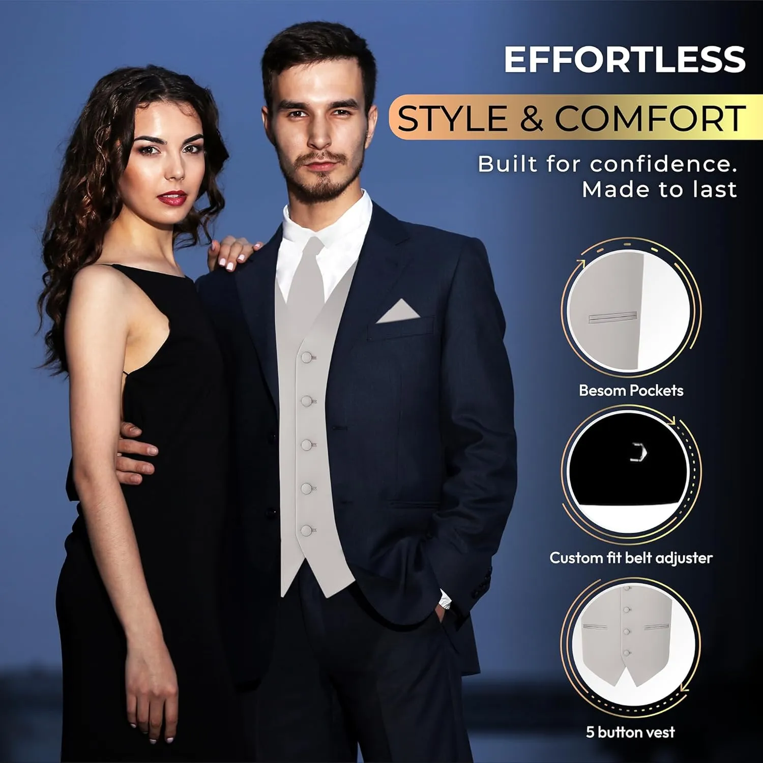Oliver George 3pc Men's Solid Formal Waistcoat Tuxedo Dress Vest Necktie Handkerchief Set For Suit or Tuxedo