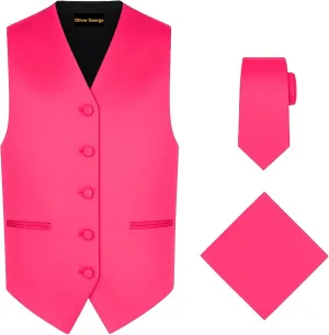 Oliver George 3pc Men's Solid Formal Waistcoat Tuxedo Dress Vest Necktie Handkerchief Set For Suit or Tuxedo