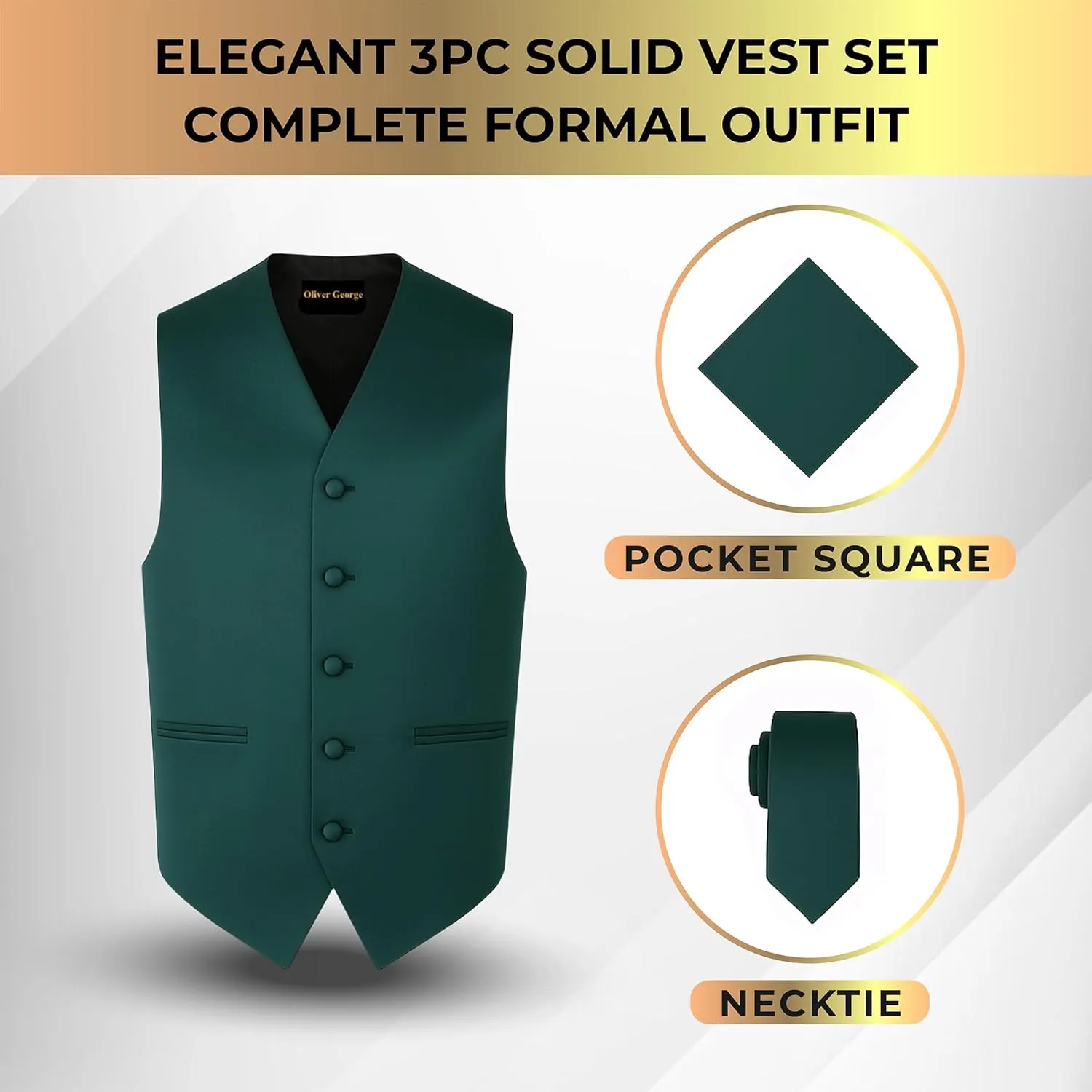 Oliver George 3pc Men's Solid Formal Waistcoat Tuxedo Dress Vest Necktie Handkerchief Set For Suit or Tuxedo