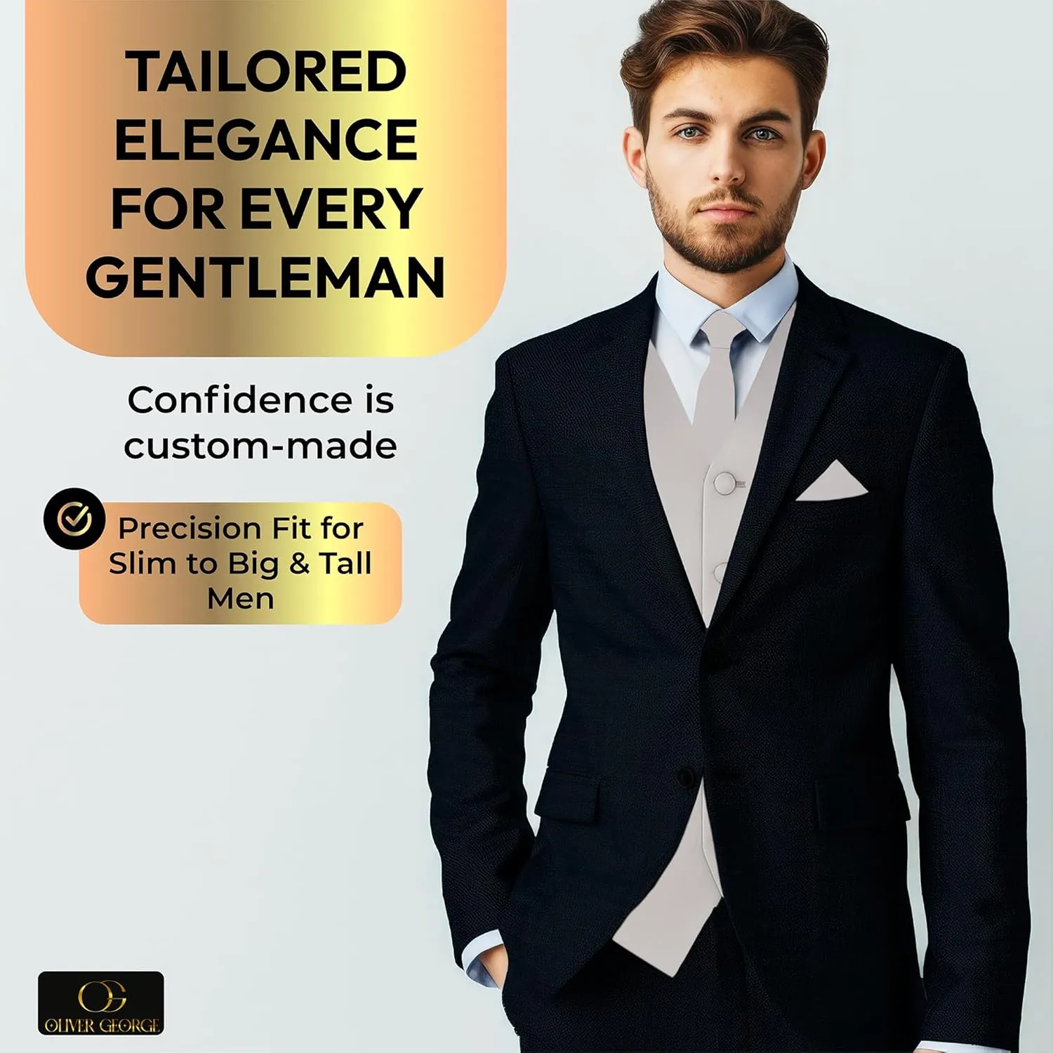 Oliver George 3pc Men's Solid Formal Waistcoat Tuxedo Dress Vest Necktie Handkerchief Set For Suit or Tuxedo