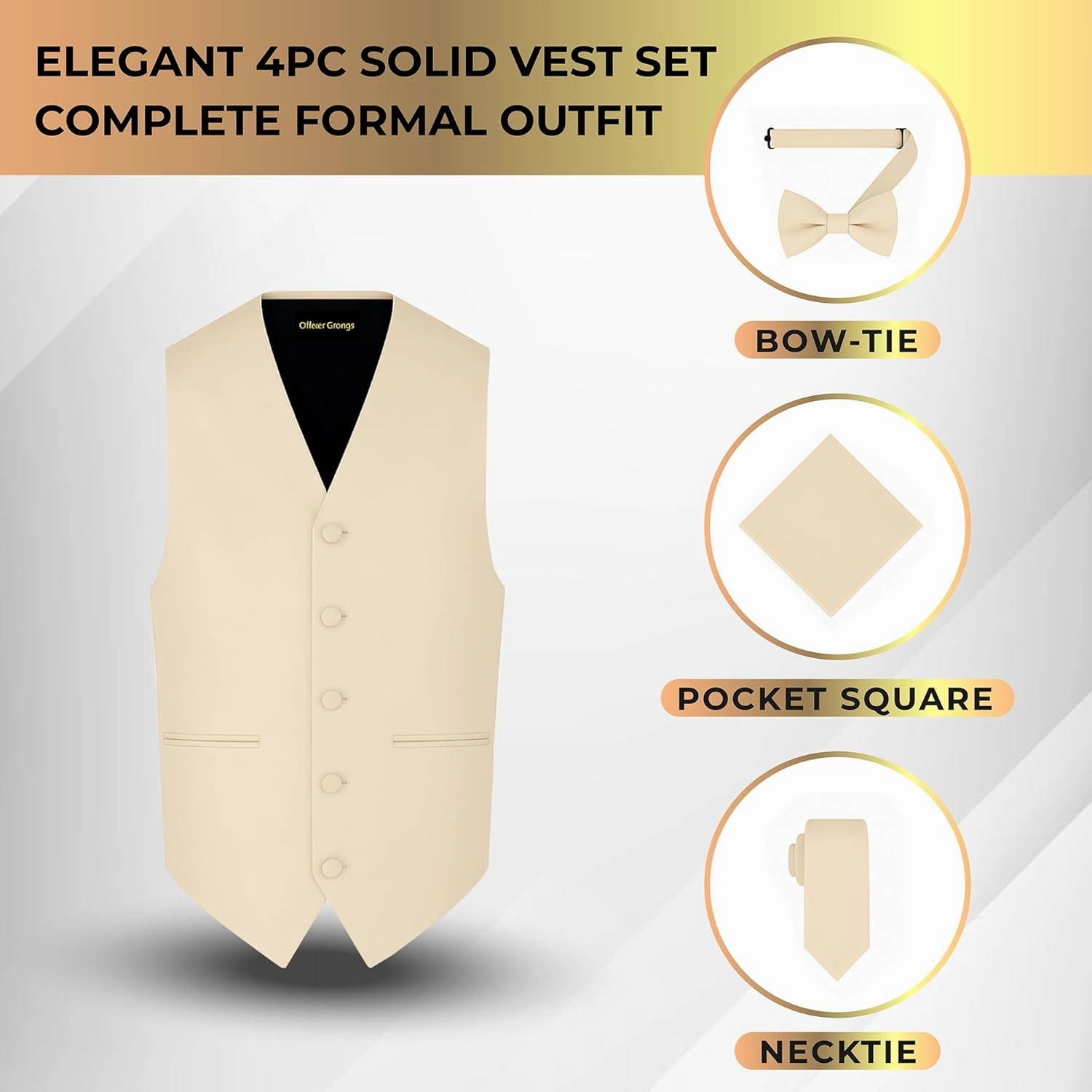 Oliver George 4pc Men's Solid Formal Waistcoat Tuxedo Dress Vest Necktie BowTie Handkerchief Set For Suit or Tuxedo