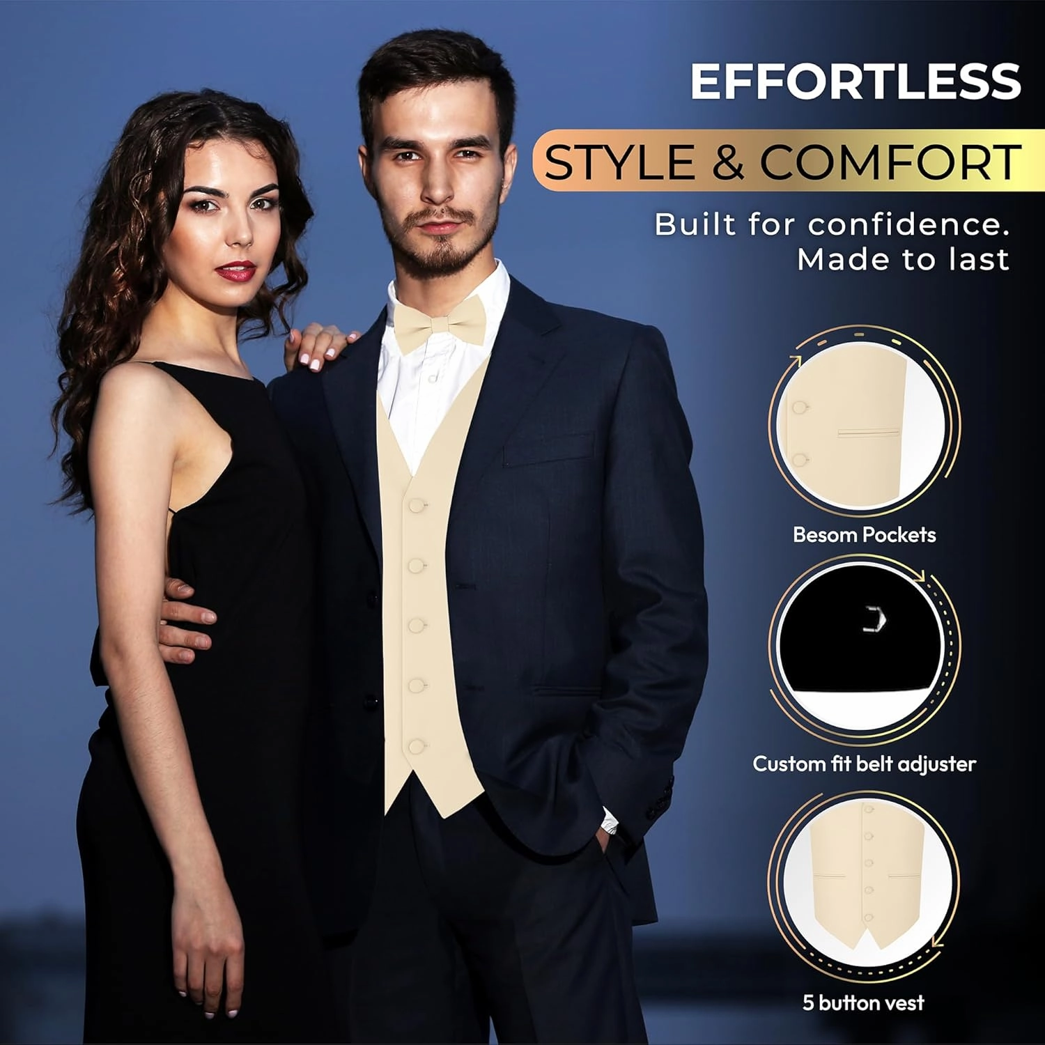Oliver George 4pc Men's Solid Formal Waistcoat Tuxedo Dress Vest Necktie BowTie Handkerchief Set For Suit or Tuxedo