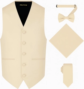 Oliver George 4pc Men's Solid Formal Waistcoat Tuxedo Dress Vest Necktie BowTie Handkerchief Set For Suit or Tuxedo