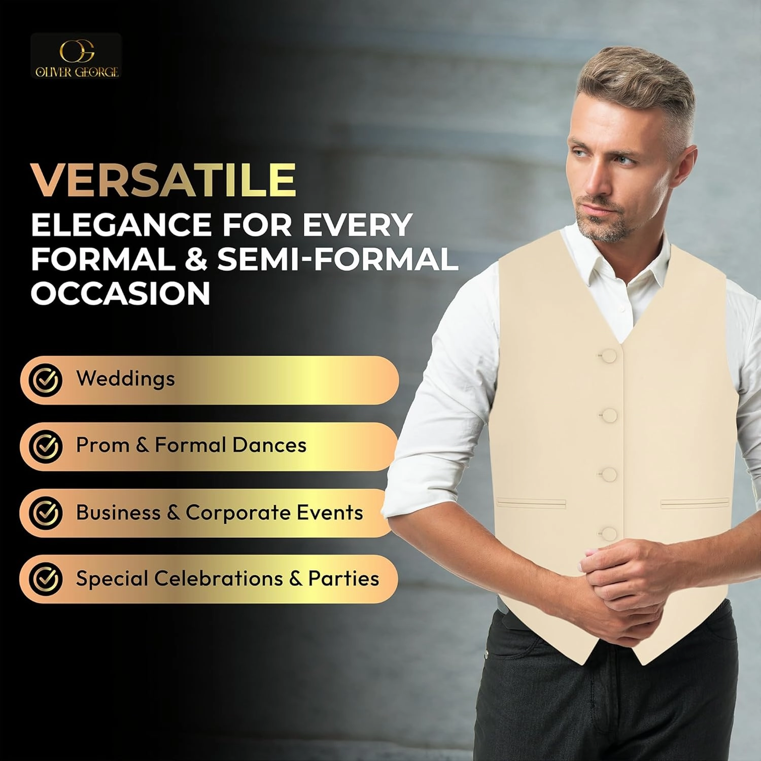 Oliver George 4pc Men's Solid Formal Waistcoat Tuxedo Dress Vest Necktie BowTie Handkerchief Set For Suit or Tuxedo