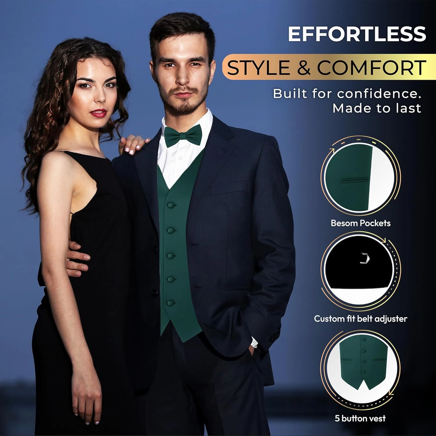Oliver George 4pc Men's Solid Formal Waistcoat Tuxedo Dress Vest Necktie BowTie Handkerchief Set For Suit or Tuxedo