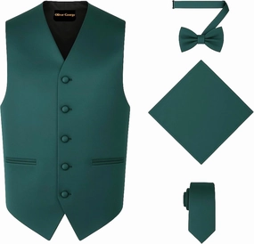 Oliver George 4pc Men's Solid Formal Waistcoat Tuxedo Dress Vest Necktie BowTie Handkerchief Set For Suit or Tuxedo