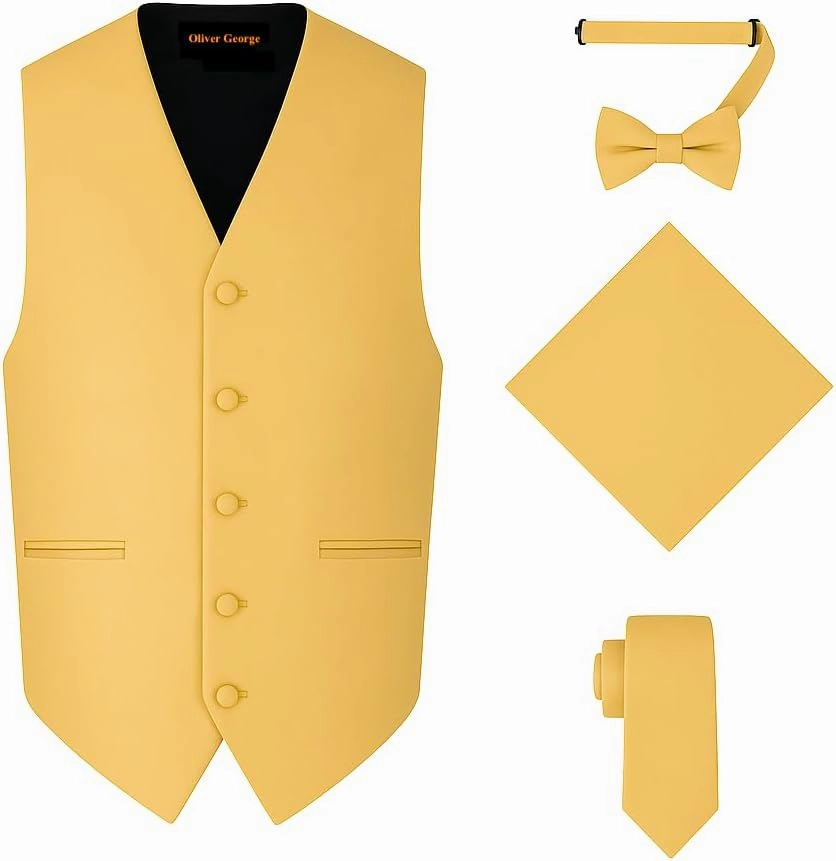 Oliver George 4pc Men's Solid Formal Waistcoat Tuxedo Dress Vest Necktie BowTie Handkerchief Set For Suit or Tuxedo
