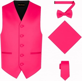 Oliver George 4pc Men's Solid Formal Waistcoat Tuxedo Dress Vest Necktie BowTie Handkerchief Set For Suit or Tuxedo