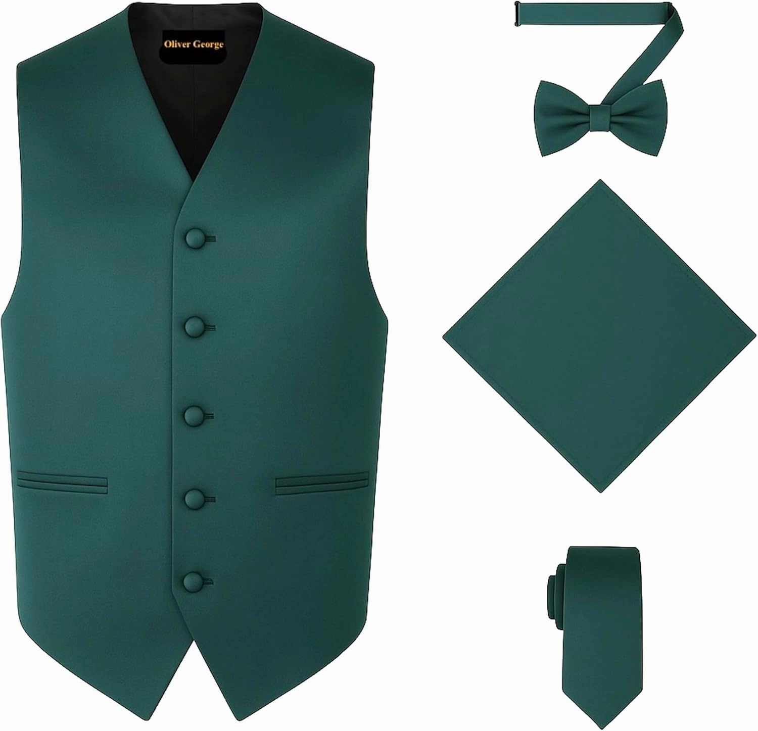 Oliver George 4pc Men's Solid Formal Waistcoat Tuxedo Dress Vest Necktie BowTie Handkerchief Set For Suit or Tuxedo