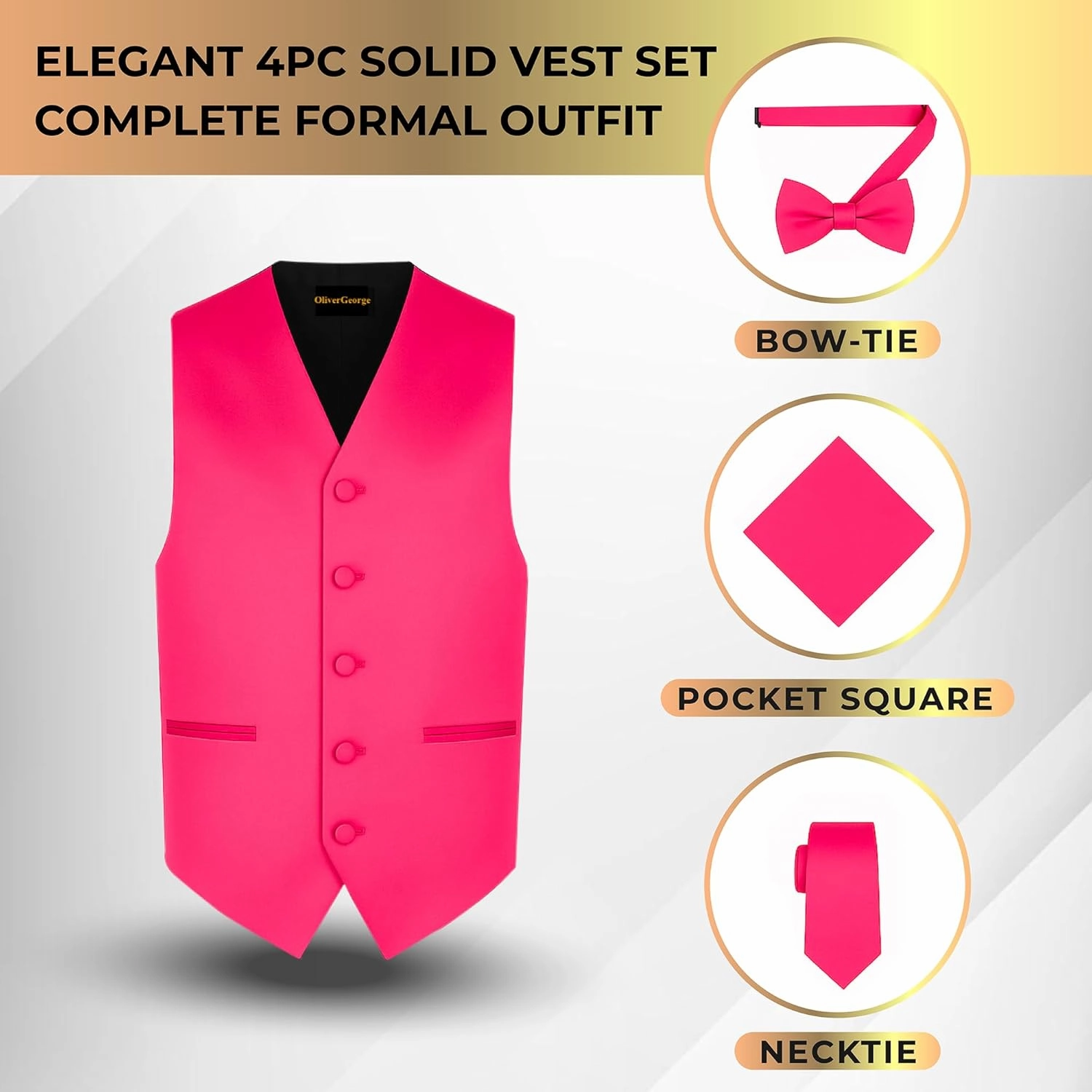 Oliver George 4pc Men's Solid Formal Waistcoat Tuxedo Dress Vest Necktie BowTie Handkerchief Set For Suit or Tuxedo