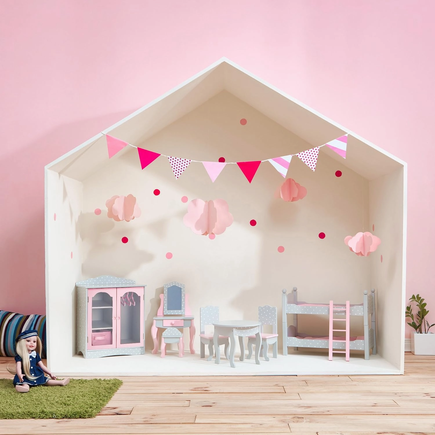 Olivia's Little World 18 in. Doll Wooden Convertible Bunk Bed Stacked on Top or Unstacked as Two Single Beds, Gray with White Polka Dots and Pink Accents