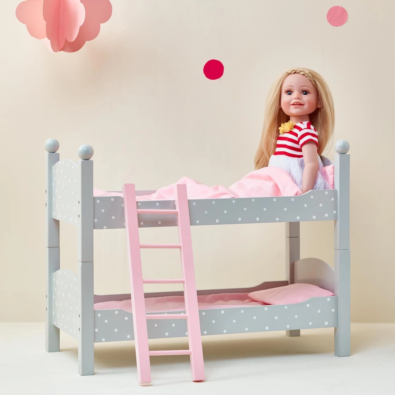 Olivia's Little World 18 in. Doll Wooden Convertible Bunk Bed Stacked on Top or Unstacked as Two Single Beds, Gray with White Polka Dots and Pink Accents