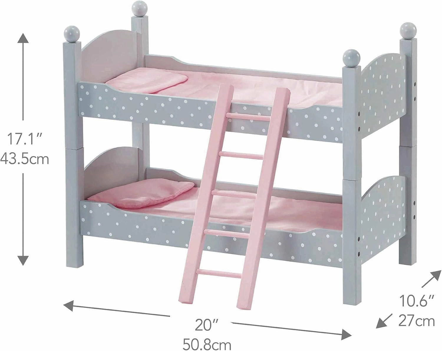 Olivia's Little World 18 in. Doll Wooden Convertible Bunk Bed Stacked on Top or Unstacked as Two Single Beds, Gray with White Polka Dots and Pink Accents